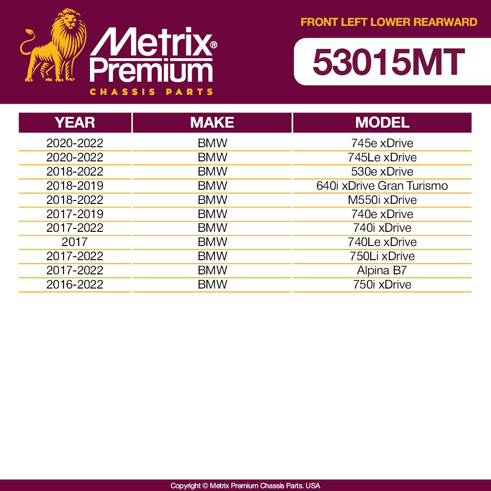 Metrix Premium Chassis Parts - Front Left Lower Rearward Control Arm Fits 20-22 Bmw 745E Xdrive, 745Le Xdrive, 18-22 530E Xdrive