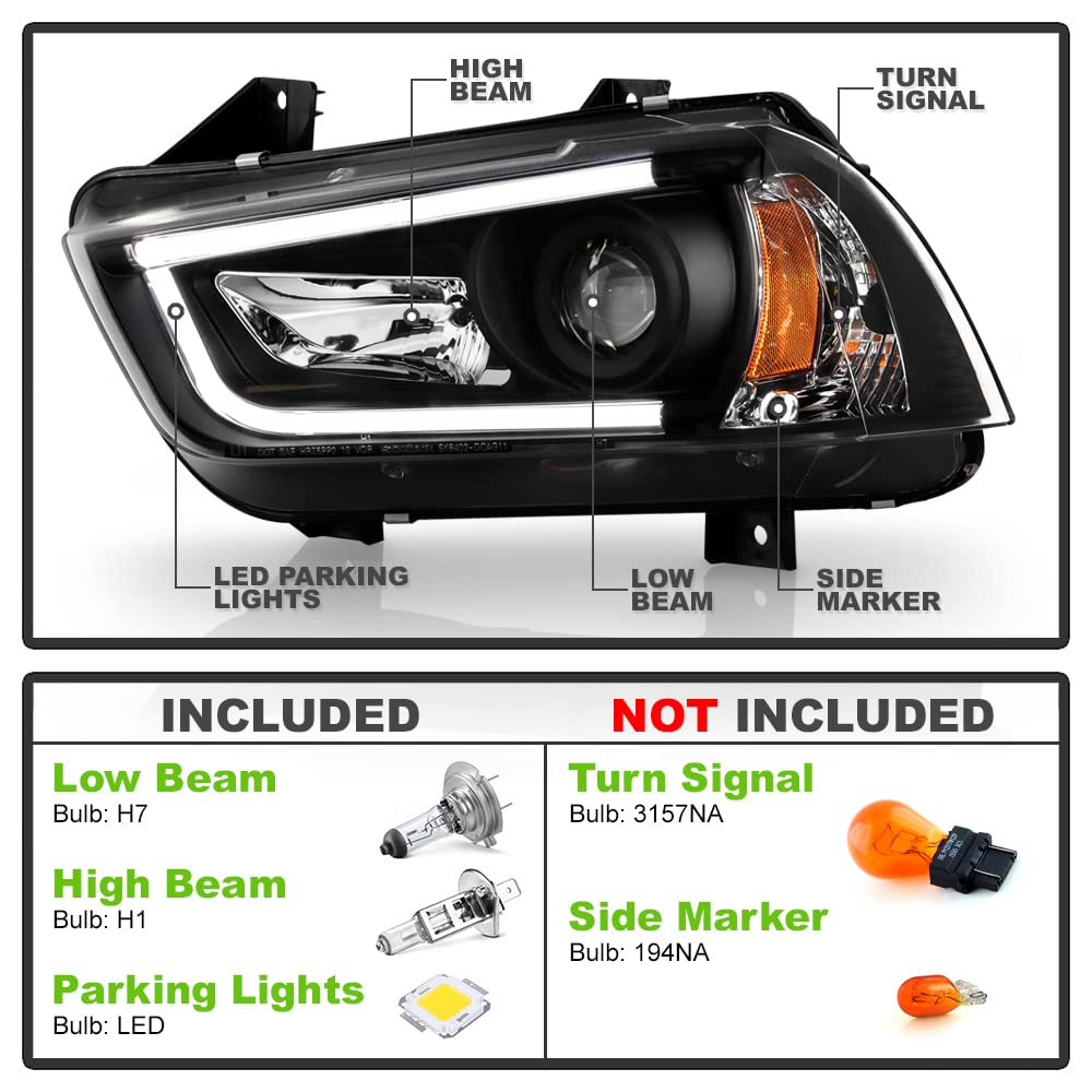 Acanii - For [Halogen Model] 2011-2014 Dodge Charger Led Drl Tube Black Housing Projector Headlights Headlamps Assembly