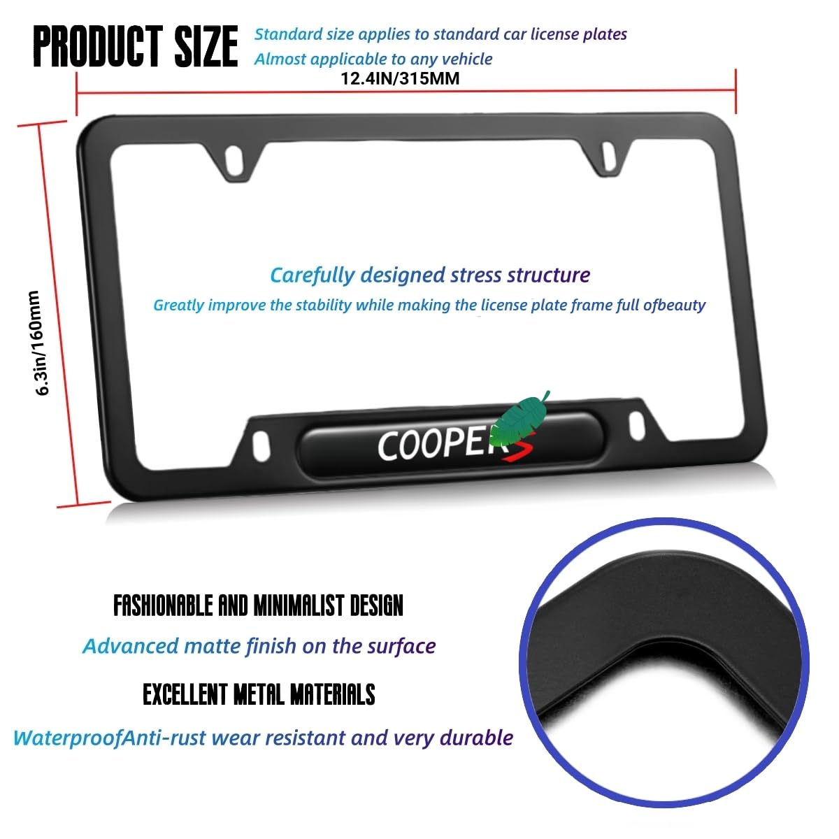 2 Pcs Black License Plate Frames Compatible with Mini Cooper License Plate Covers Metal Aluminum Material Screw caps Cover Set
