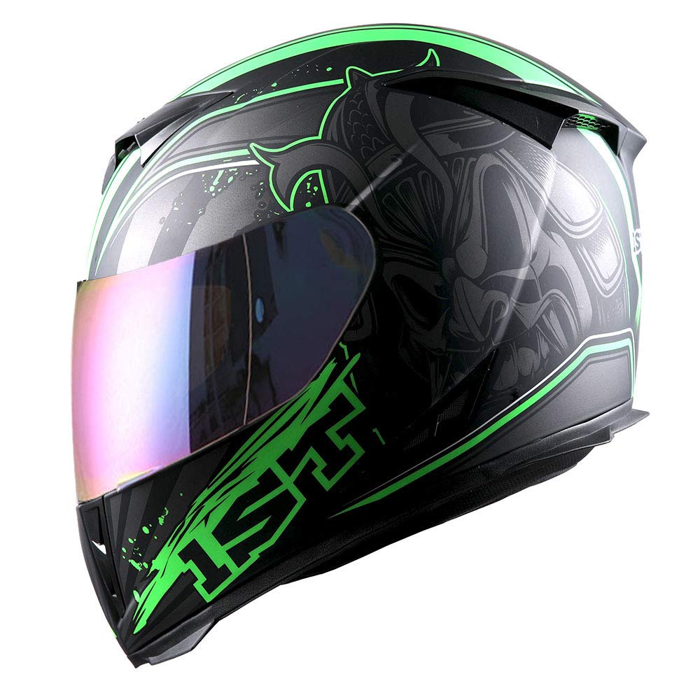 1Storm Motorcycle Full Face Helmet Skull King Matt Green+ One Extra Clear Shield, Size Large (57-58 Cm,22.4/22.8 Inch)