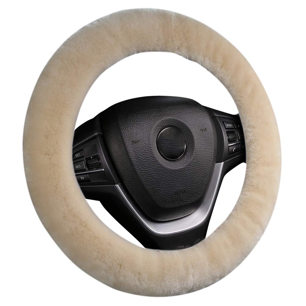 Soft Fluffy Warm Genuine Sheepskin Car Steering Wheel Cover, Fuzzy Fur Wool Protector For Winter Universal Car 14 1/2Inch-15 1/2