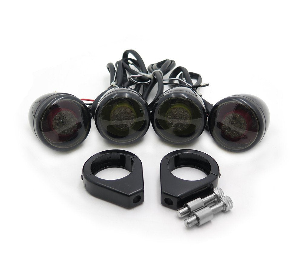 Httmt Mt224-013- Smoke Lens Motorcycle Turn Signals Kit Compatible With Harley Davidson Bullet Led 41Mm Clamp Mount