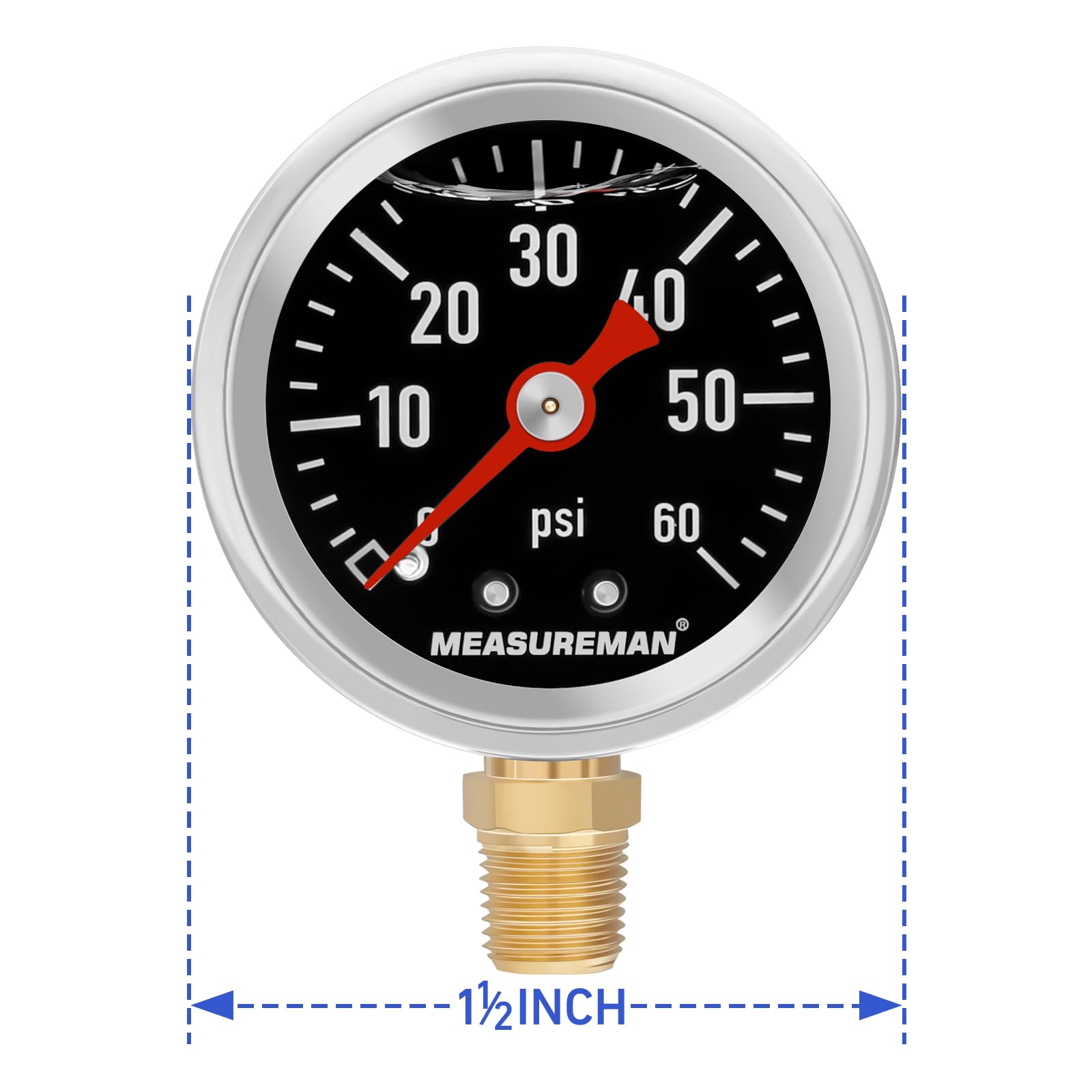 Measureman 1-1/2'' Dial Size Black Dial, Glycerin Filled Fuel Pressure Gauge, 304 Stainless Steel Case, 0-60Psi, -3-2-3%, 1/8''
