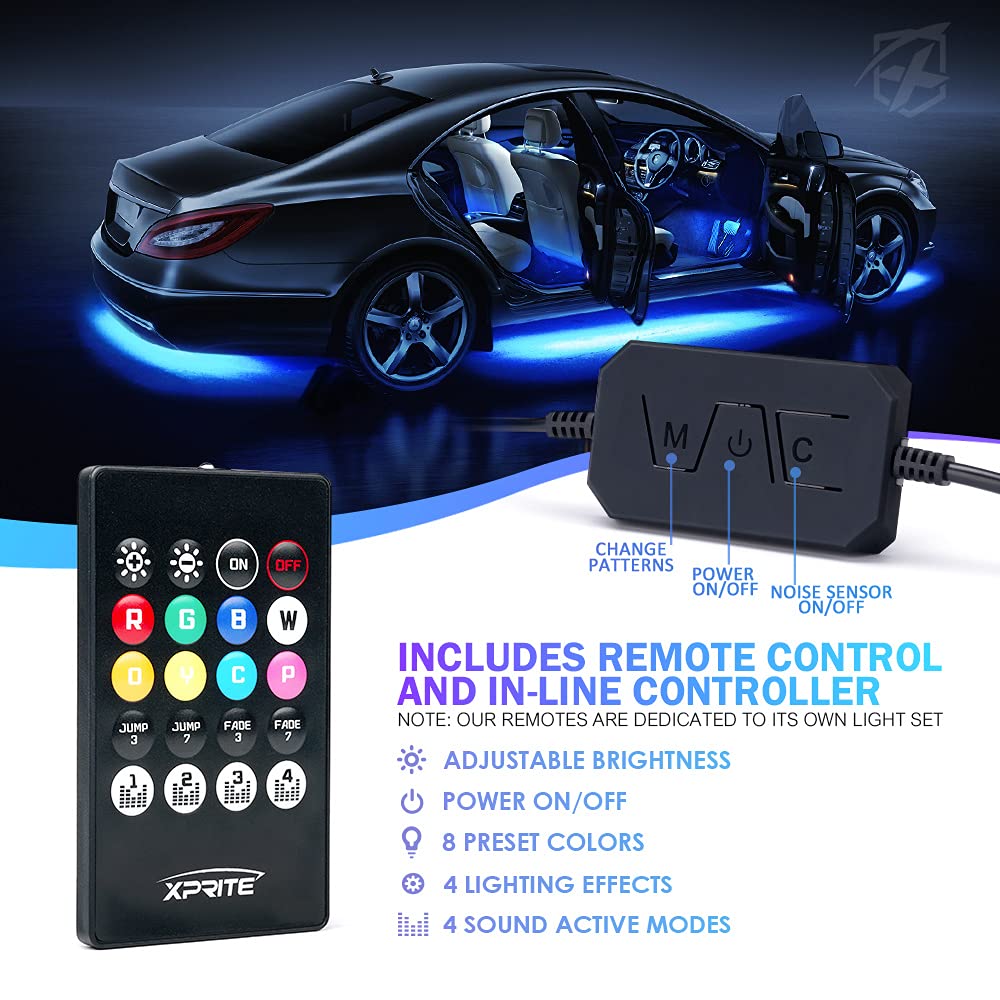 Xprite 8Pcs Car Rgb Led Strip Lights, Exterior Underglow & Interior Bluetooth Lights Kit, App Control & Wireless Remote, Music S