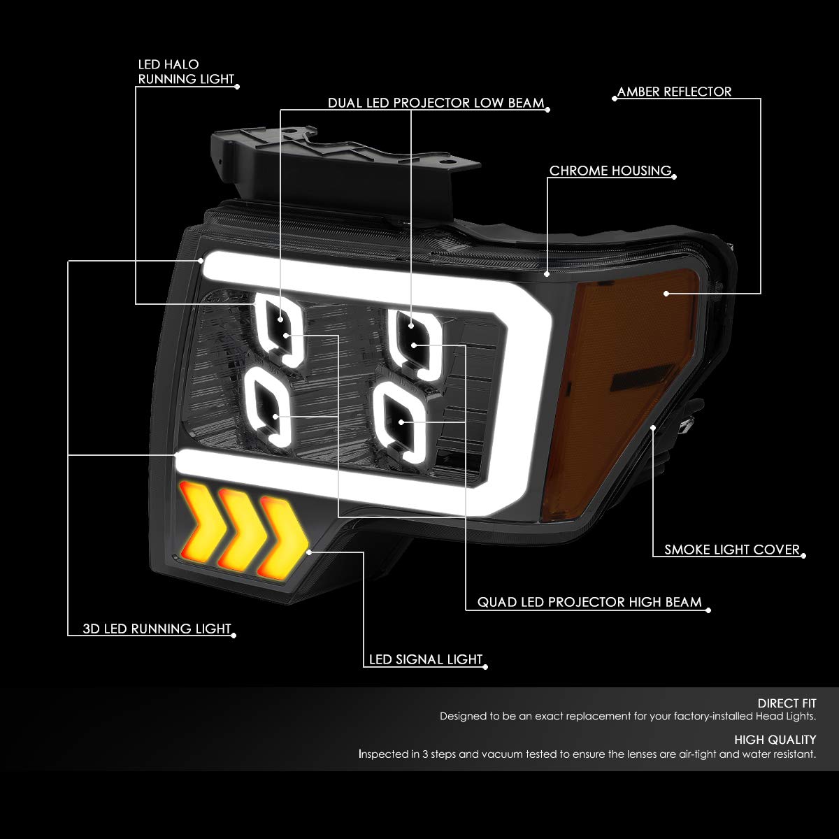 Dna Motoring Hl-Lb-T8-F15009-Sm-Am Pair Auto Update Led Effect Drl Quad Projector Headlight Replacement For 09-14 F150