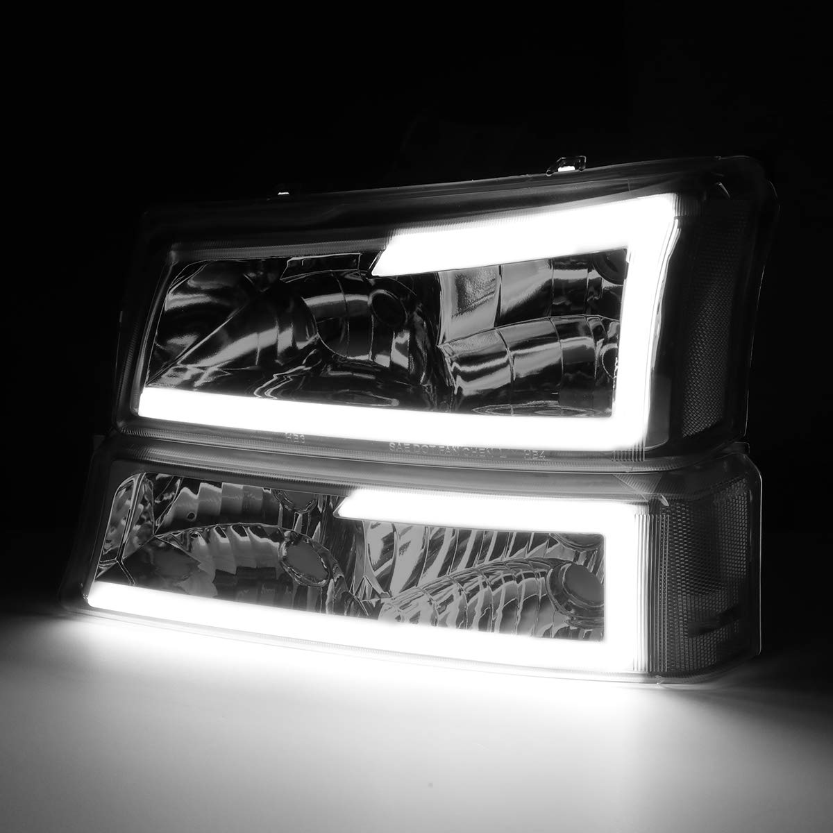 Dna Motoring Hl-Lb-Csil03-Sm-Cl1 Smoked Lens 3D Led Drl Headlight Bumper Lamp Set Compatible With 03-06 Silverado 1500-3500 / Av