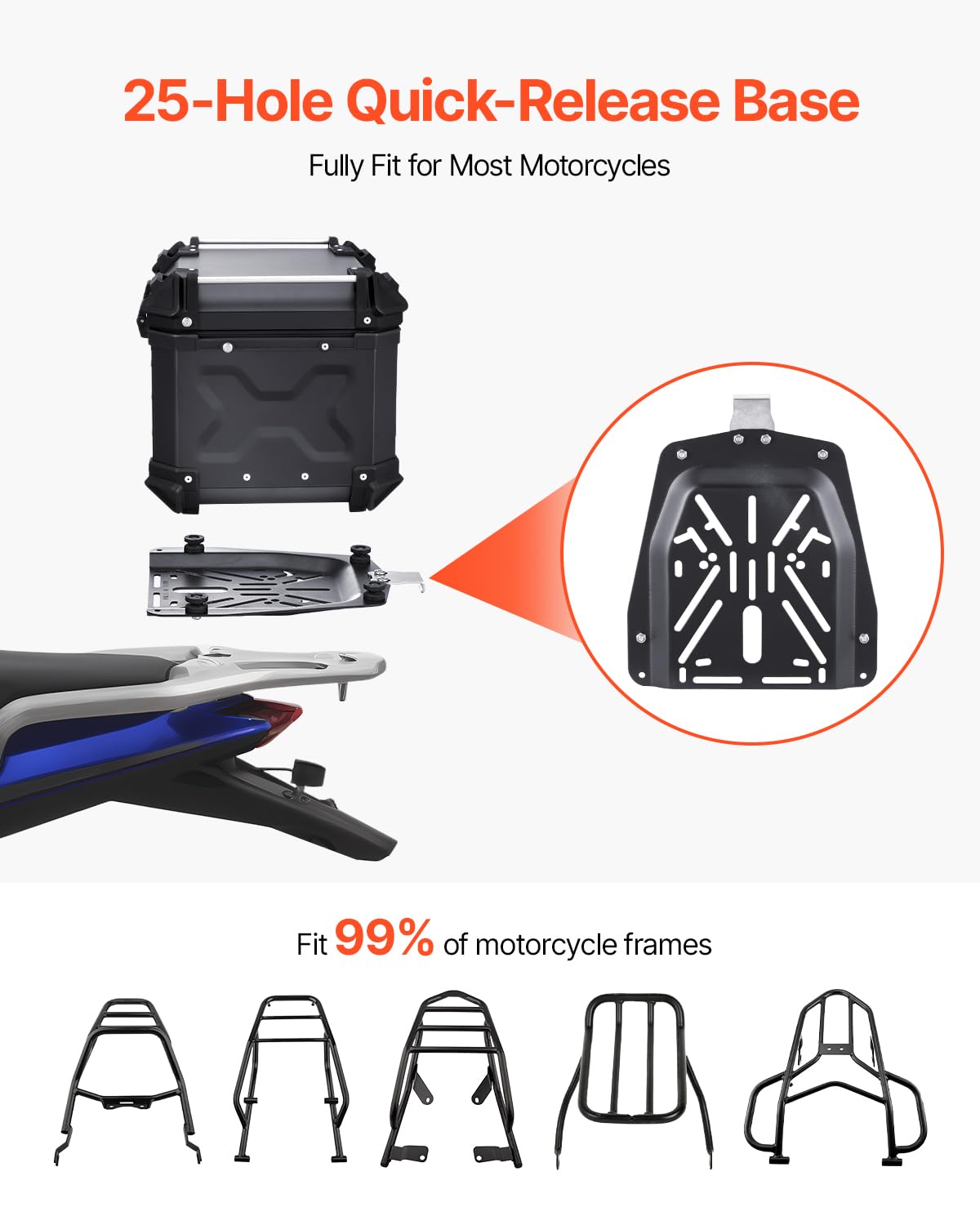 VEVOR Motorcycle Top Case, Universal Aluminum Alloy Motorbike Tail Box with Leather Lining, 55L Waterproof Detachable Motorcycle