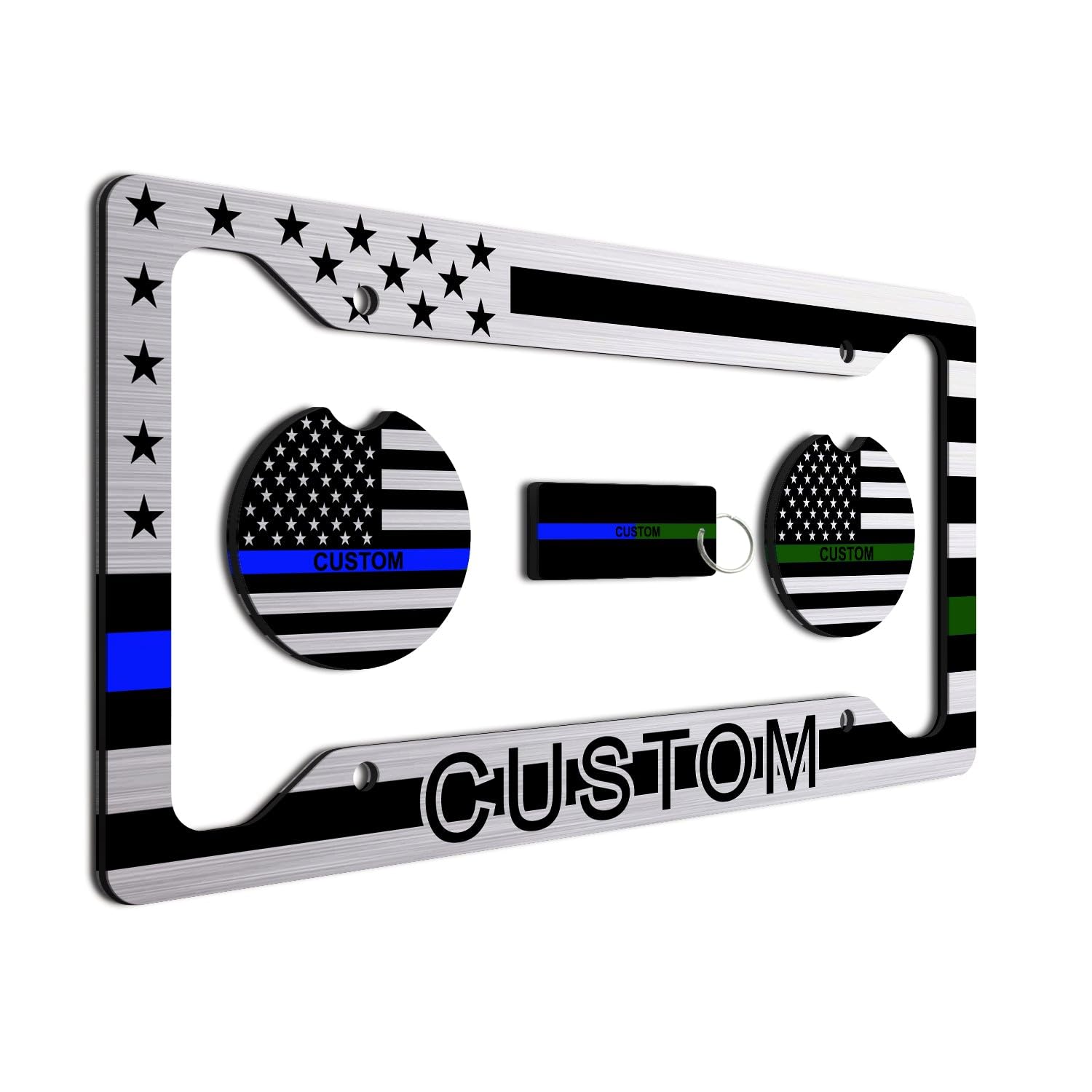 Thin Blue Line And Thin Green Line - Personalized American Flag License Plate Frame + 2 Coasters And A Keychain