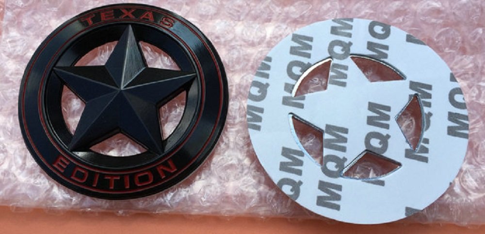 Muzzys (Set of Two) Texas Edition Star Black and Red Round 3' Shield Emblem Universal Stick-On FITS Tundra, Tacoma, F150, Silverado, Titan, Hood, Door, Tailgate, Grille, Fender