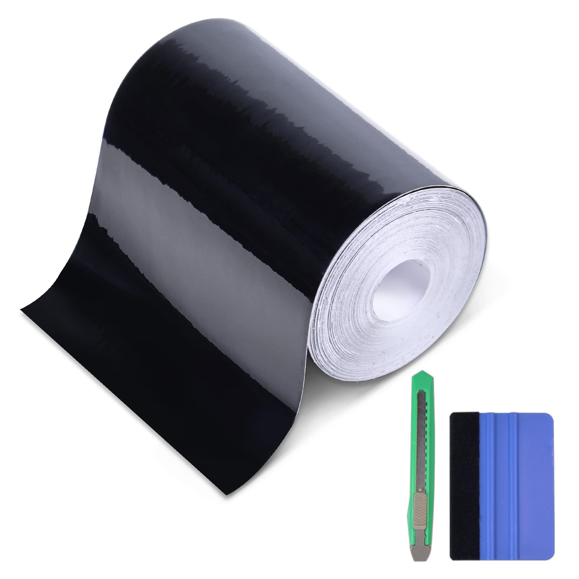 Lypumso High Gloss Black Vinyl Wrap Tape, 4 Inch X 30Ft Self-Adhesive Universal Chrome Black Detailing Tape With Tool, Anti-Scra