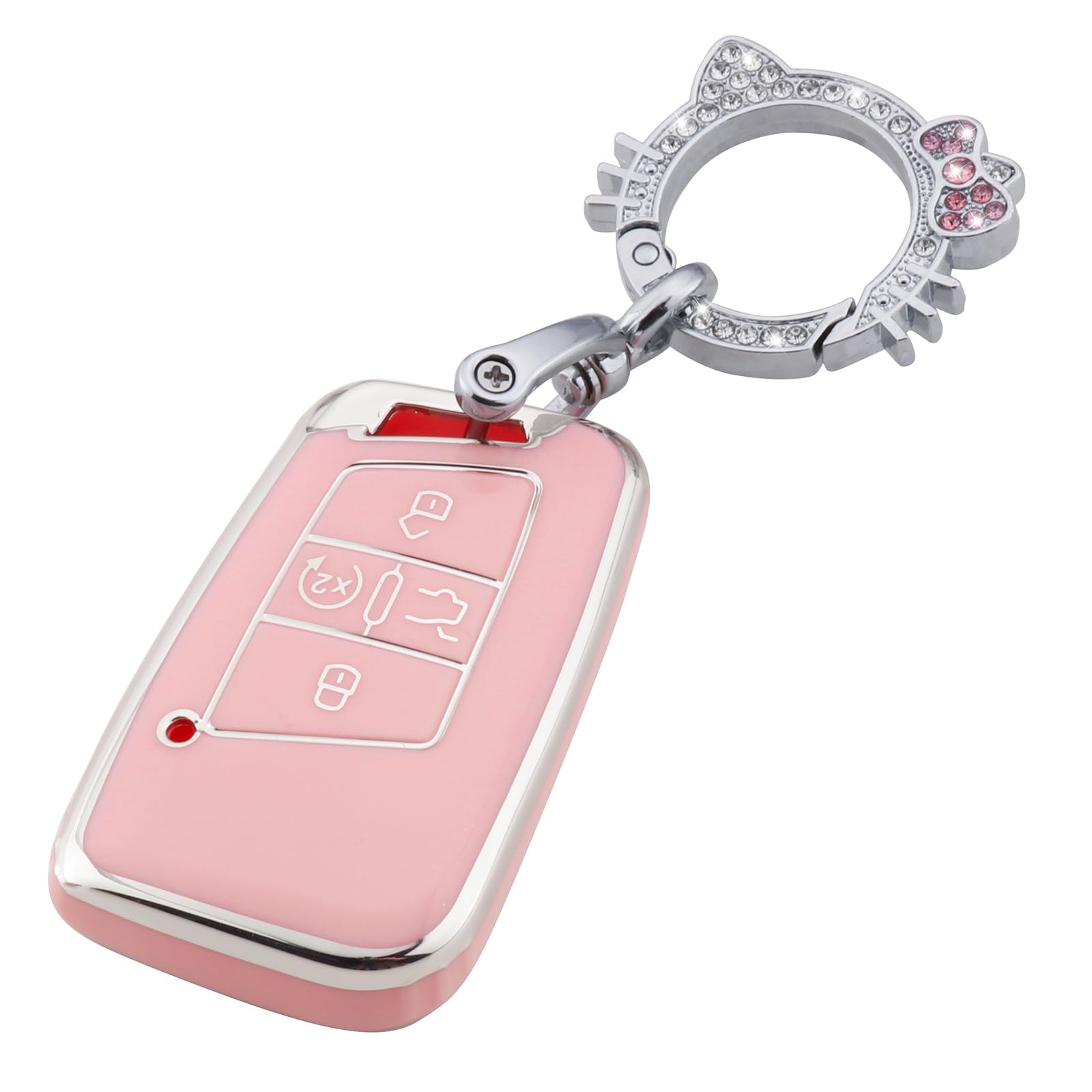 Pangpai Pink Key Fob Cover for VW Volkswagen, Soft TPU Key Case Protection with Bling Keychain Fit for Tiguan Atlas Jetta Passat