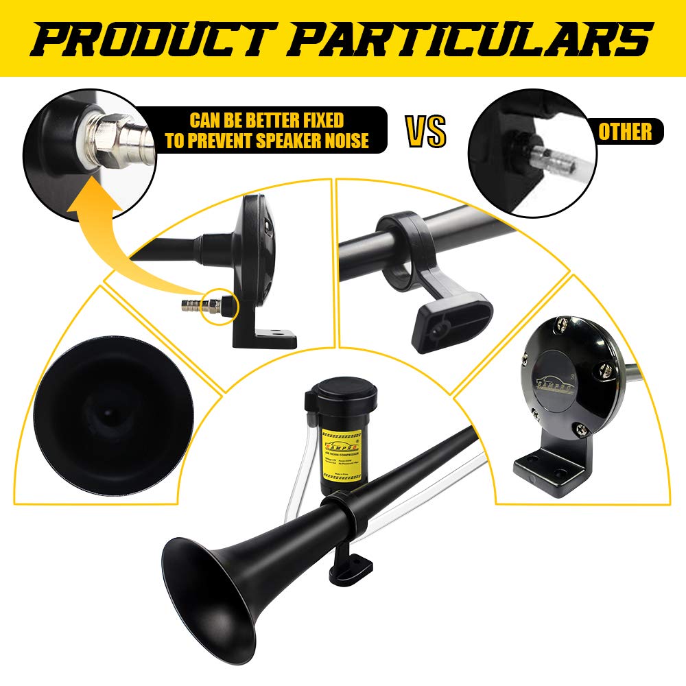 GAMPRO 12V 150DB Car Air Horns, 18 Inches Chrome Zinc Single Trumpet Truck Air Horn with Compressor for Any 12V Vehicles Trucks