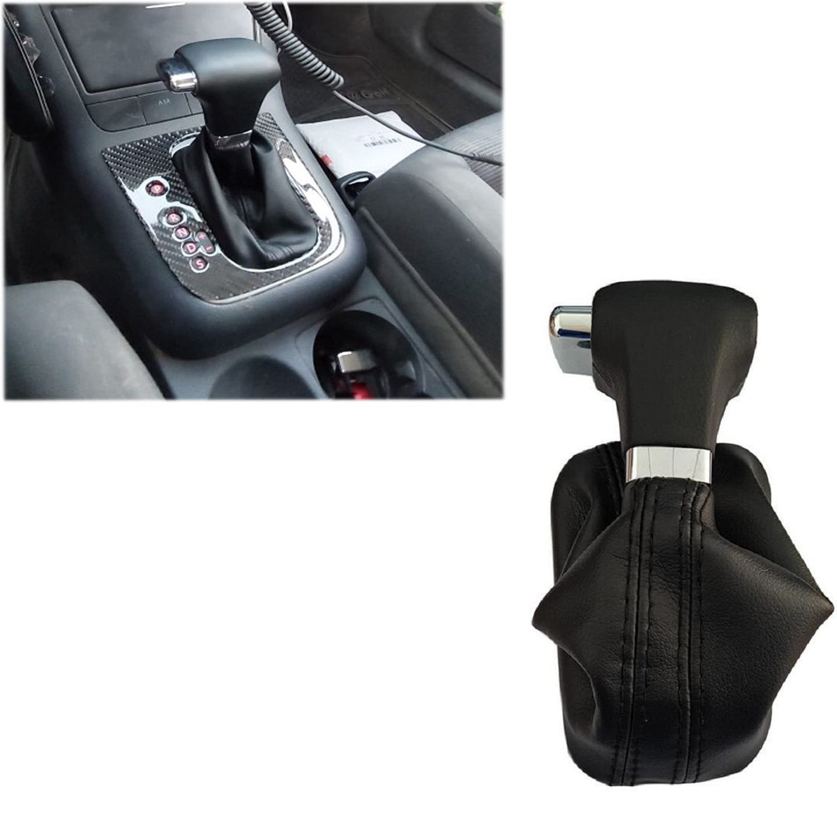 Fouedy Automatic Car Shift Gear Knob Gaitor Leather Cover Shifter Lever Gear Stick Knob for Skoda VW Tiguan Touran Bora Passat (