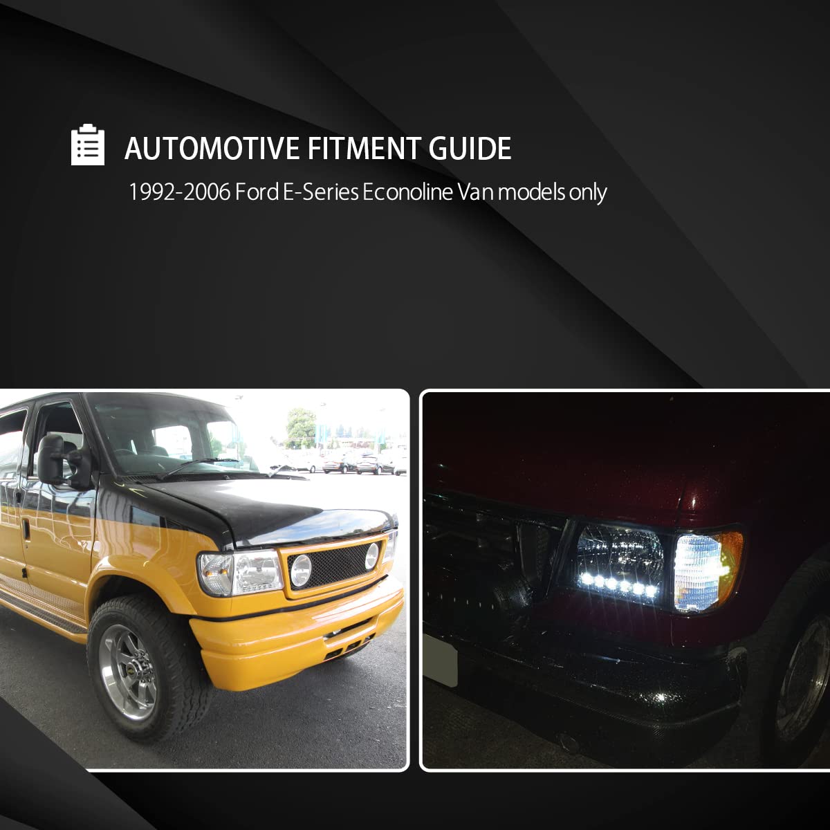 AUTOZENSATION Compatible with 1992-2006 Ford E150/E250/E350/E450/E550 Econoline van LED Black Headlights L + R Pair Headlamp