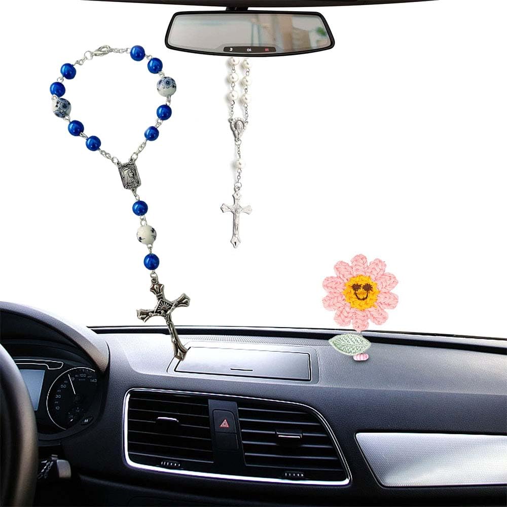 2 Pieces Car Rosary Car Mirror Hanging Accessories,Car Rosary&Cross Pendant Car Interior Accessories,Car Rearview Mirror Hanging