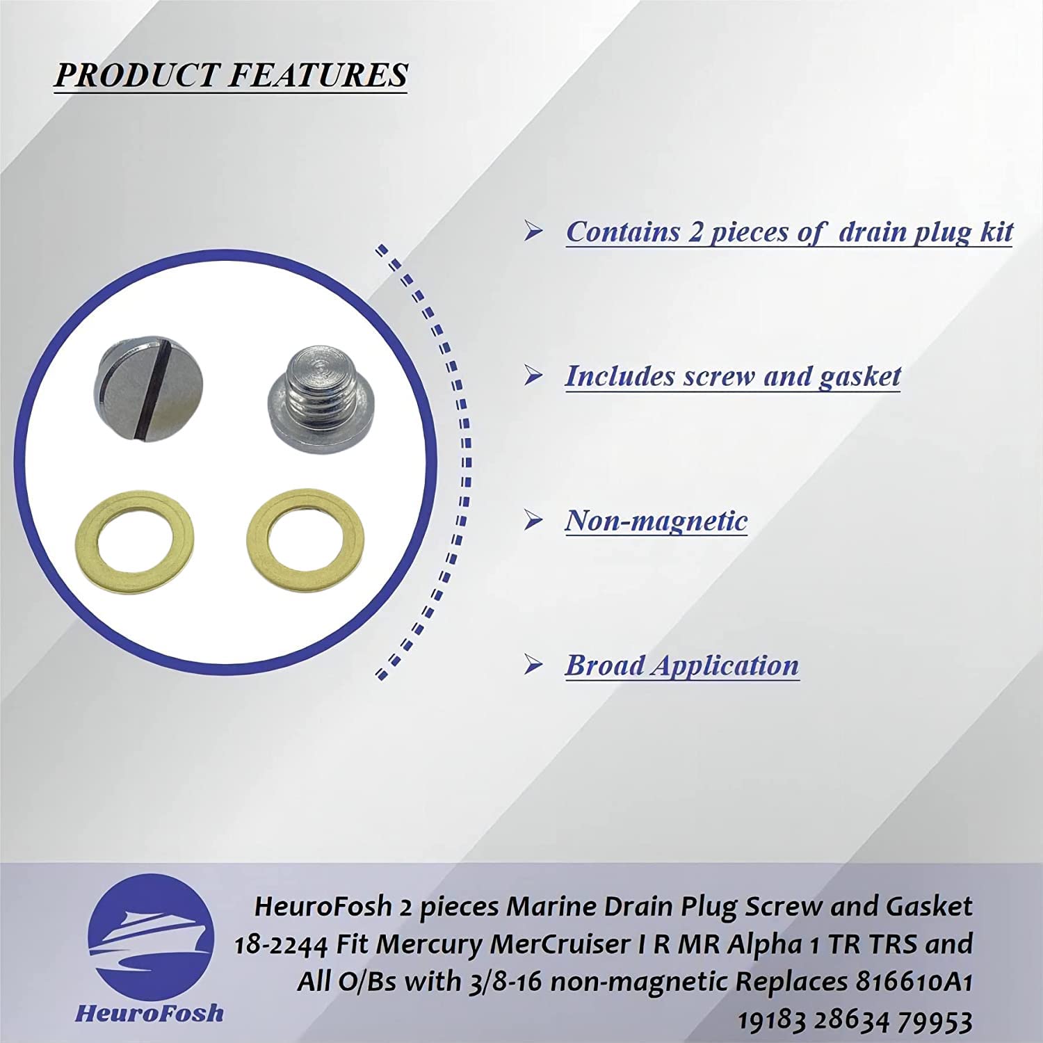 Heurofosh 2 Pcs 79953Q04 Marine Lower Unit Oil Drain Plug Screw And Gasket Fit Mercury Mercruiser I R Mr Alpha 1 Tr Trs And All O/Bs With 3/8-16 Non-Magnetic Replaces 816610A1 28634 79953 18-2244