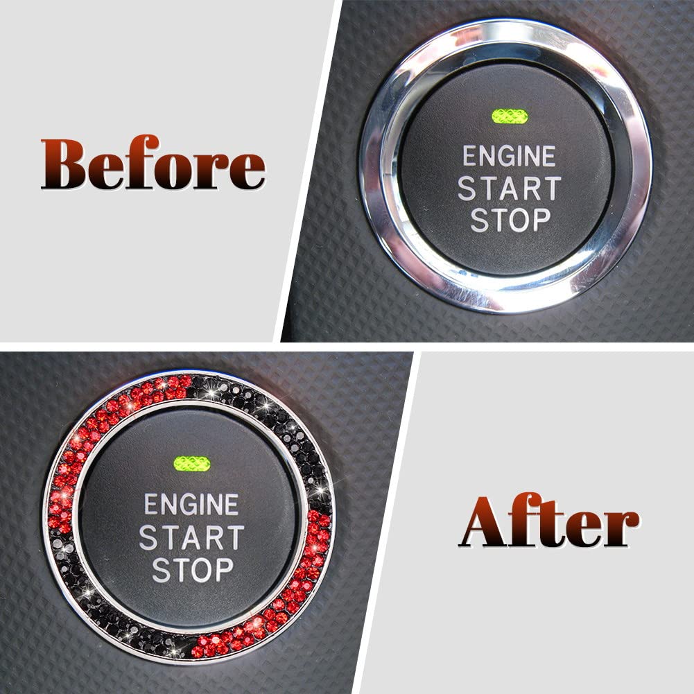 Tobequeen Red And Black Bling Push Button Start Ring Car Accessories,Crystal Rhinestone Car Bling Ring Emblem Sticker Interior Decoration For Women Girl,Pure Handmade Diamond Decor,Black And Red