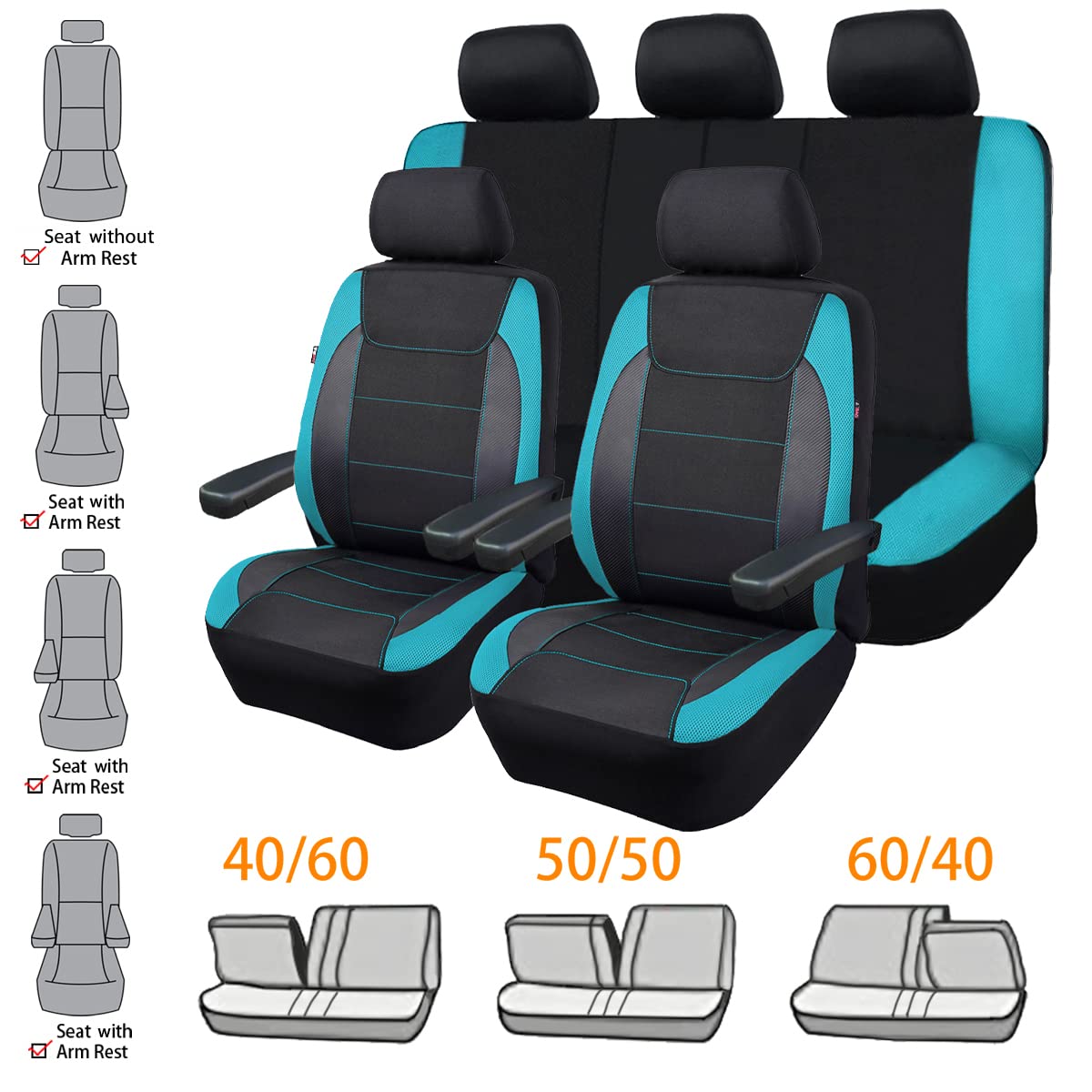Flying Banner Car Seat Covers Quality Carbon Fiber Air Mesh Fabric Sport Low High Back Bucket Back Pocket Arm Rest (Full Set - Low Bucket, Mint Blue)