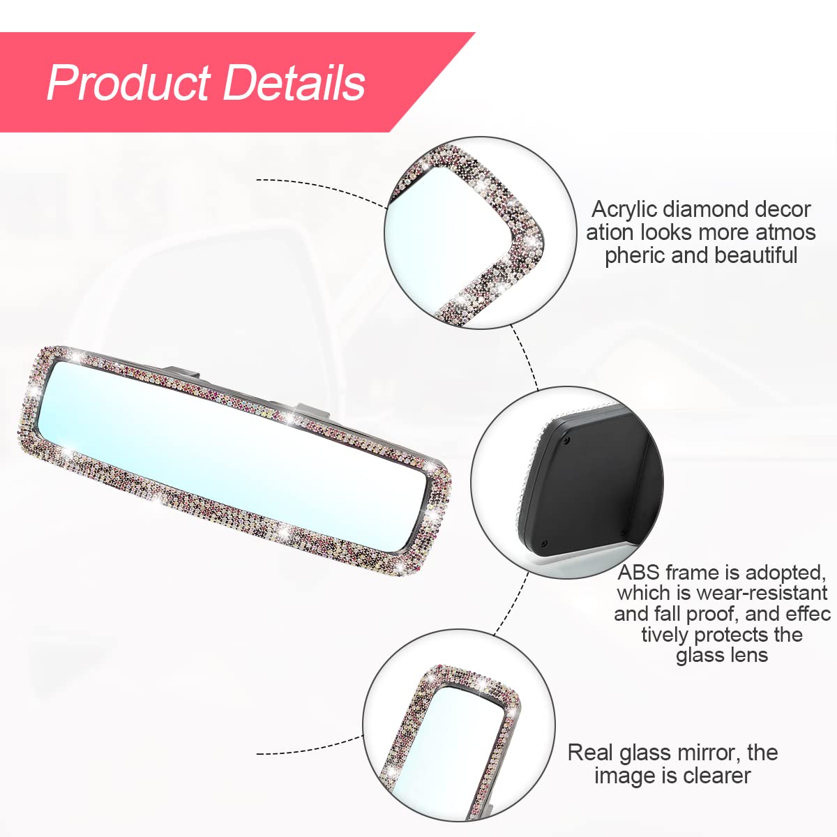 Bling Car Rear View Mirror, Rhinestones Crystal Clip-On Rearview Mirror With Hd Glass, Compatible With Most Cars, Suvs, Vehicles