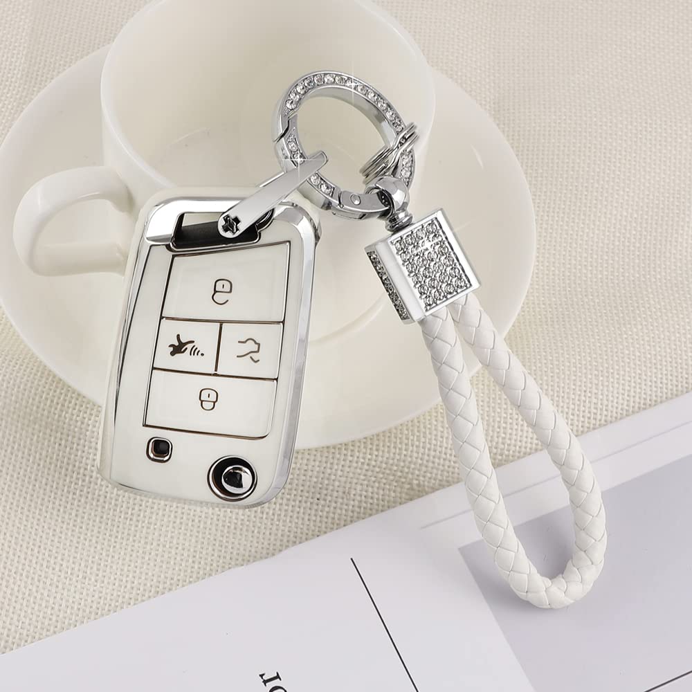 Pifoog For Volkswagen Vw Key Fob Cover Tiguan Golf Gti Altas Jetta Accessories 4 Button Soft Tpu Car Keys Case Protector Bling Keychain Landyard Girly White Silver
