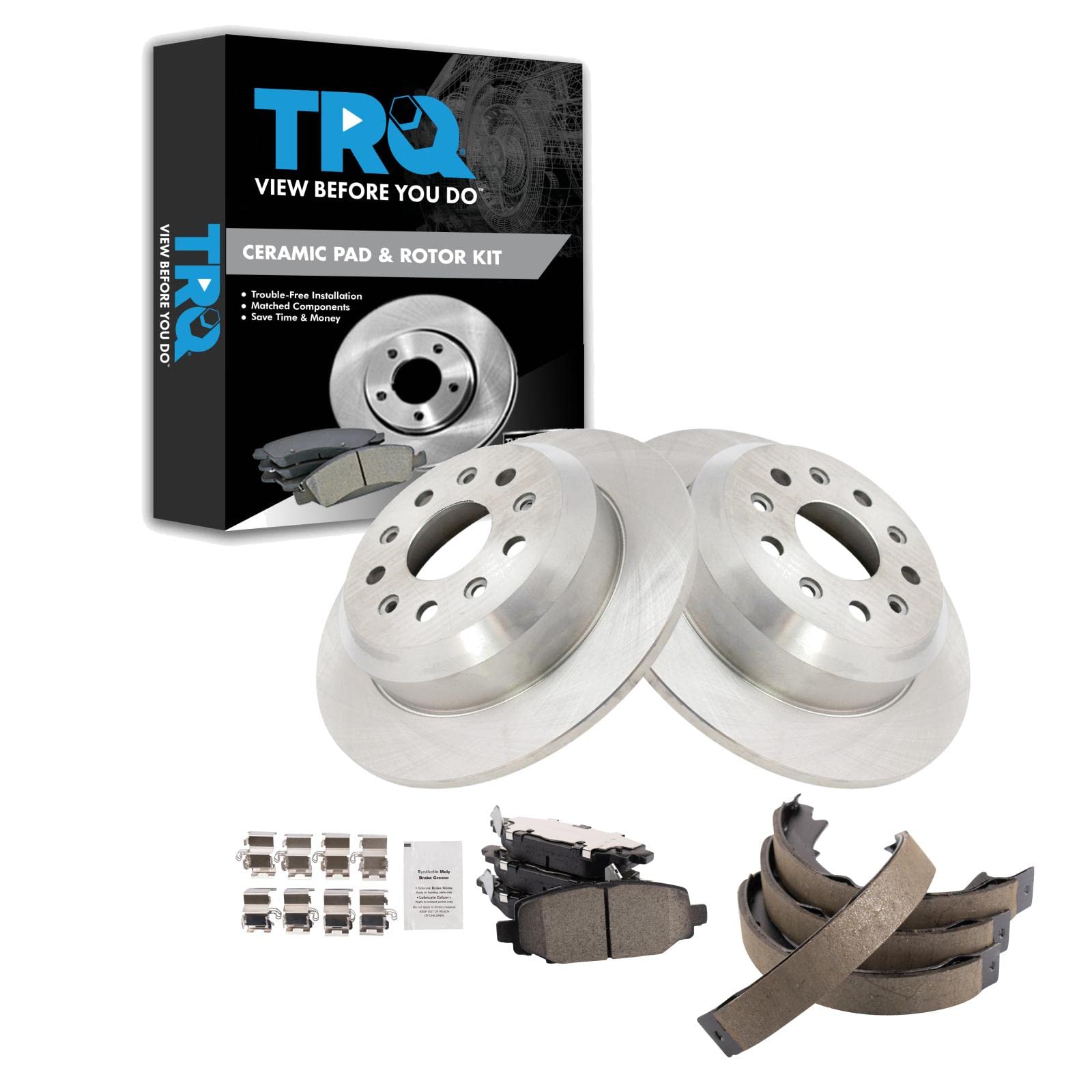 Trq Rear Brake Pad & Rotor Kit Brake Pads Brake Rotor Parking Brake Shoe Set Ceramic Compatible With 2018-2020 Jeep Wrangler