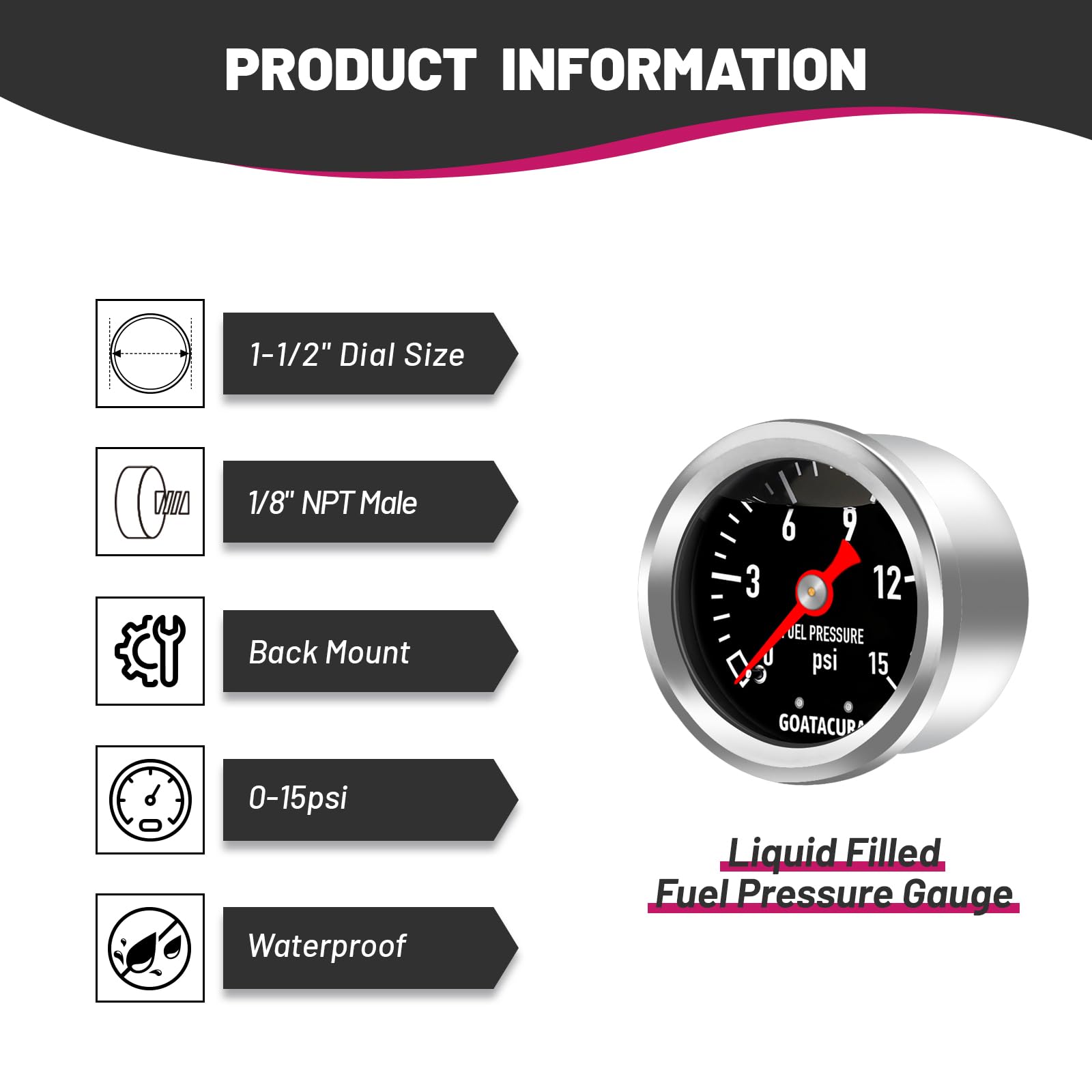 Goatacura 0-15Psi Glycerin Filled Fuel Pressure Gauge, 1-1/2'' Black Dial Size, 304 Stainless Steel Case, 1/8'' Npt Center Back