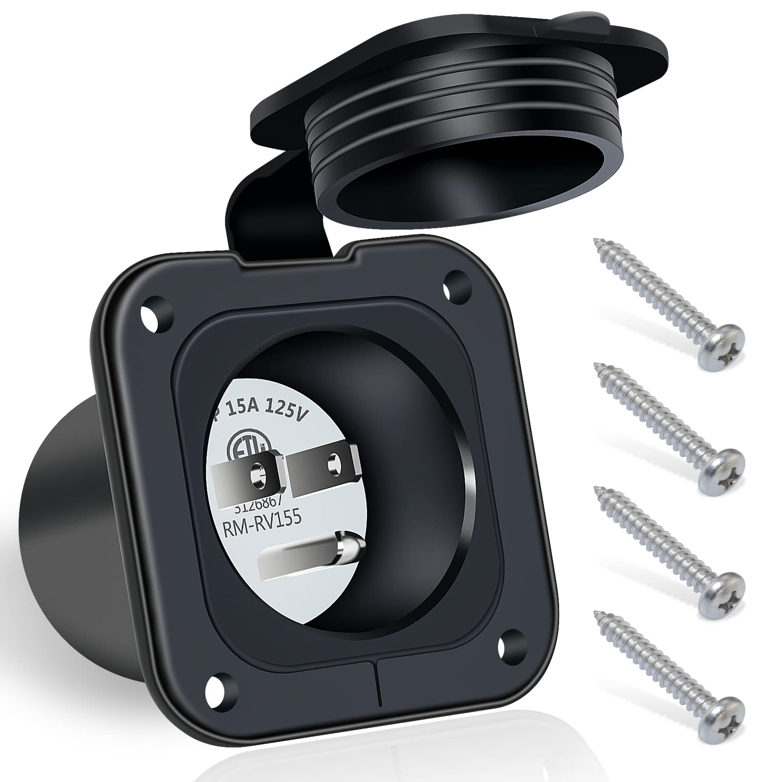 Eilxmag 15 Amp Inlet, 125V Shore Power Inlet Power Inlet Port Plug Nema 5-15P Male Receptacle Rv Flanged Inlet With Waterproof C
