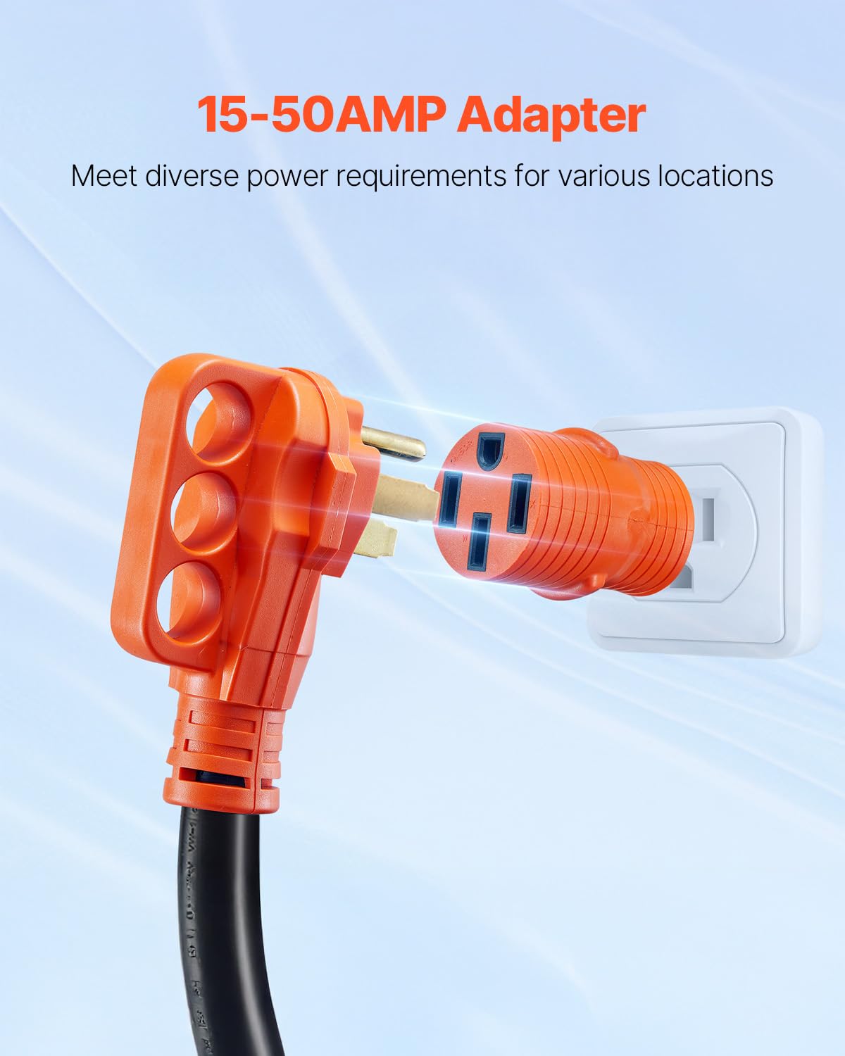 Vevor 50 Amp Rv Extension Cord 50 Feet, Heavy Duty Stw 6/3+8/1 Awg Power Cord Nema 14-50P To 14-50R, With 15A Adapter, Led Power