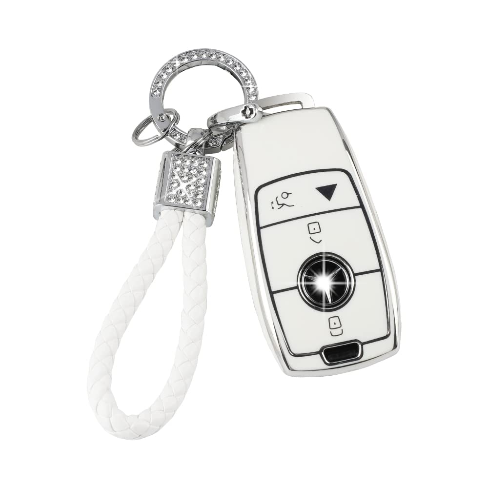 Pifoog White Key Fob Cover For Mercedes Benz Glc Gle Gla Glb Gls A C E G S Amg Class Accessories Soft Tpu Car Smart Keys Case Bling Keychain Full Protection Girly Women