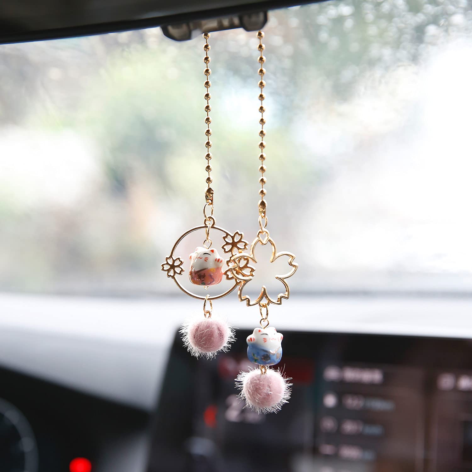 Ygmoner Pair Of Lucky Cat Car Interior Mirror Hanging Accessories Car Decor Mini Porcelain Maneki Neko Dangle Charm (Sakura Luck