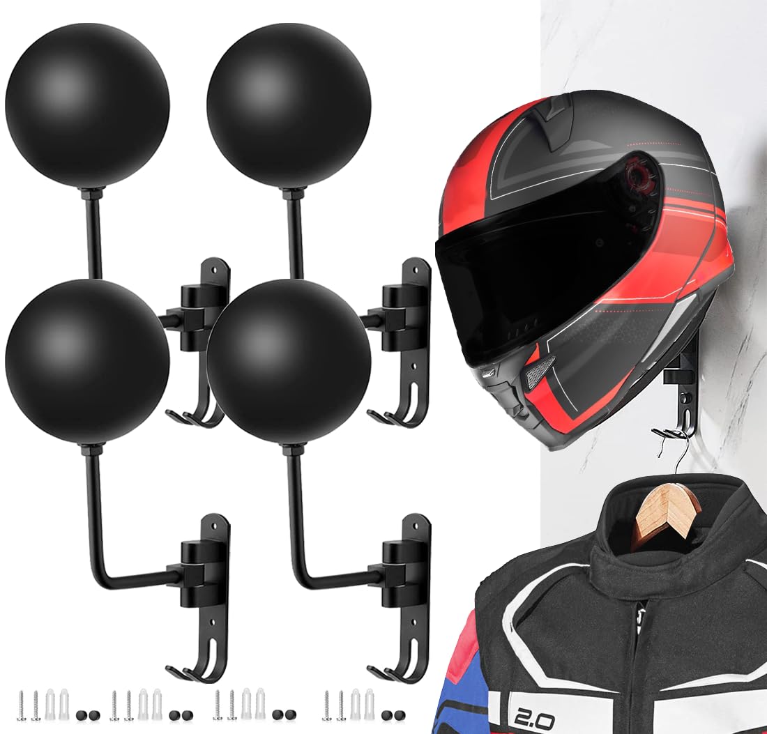 Sangmo 180 Motorcycle Helmet Rack, 4 Pack Rotation Metal Helmet Holder Wall Mount, Helmet Holder Bike With 2 Hooks Helmet Hanger