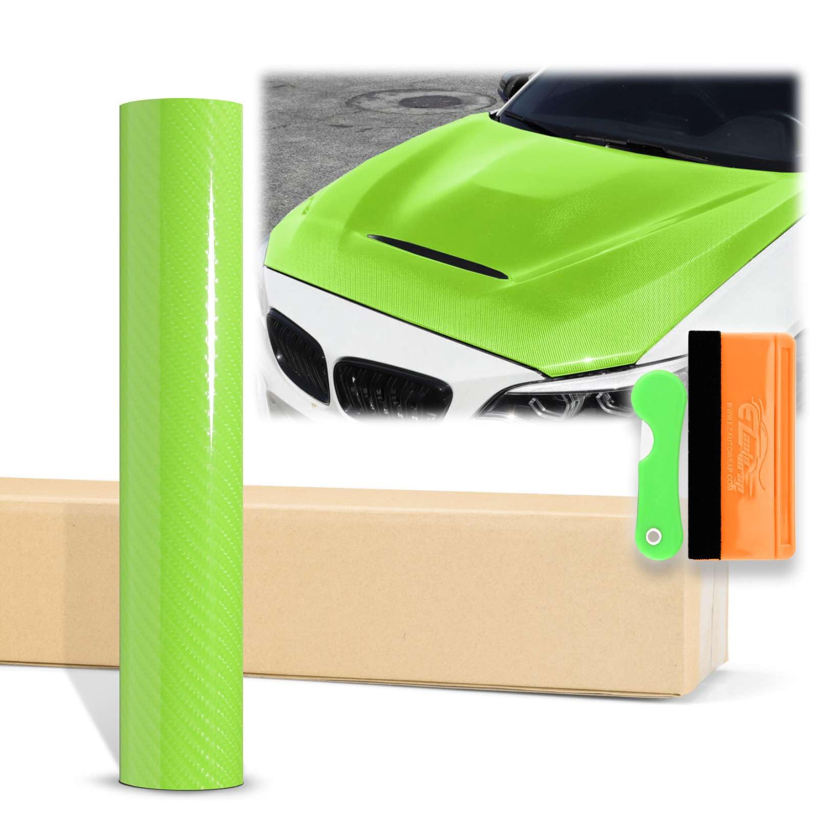12'X60' (1Ftx5Ft) Green 7D Carbon Fiber Textured High Gloss Vinyl Wrap Auto Car Sticker Decal Film Sheet Bubble Free Air Release Technology With Tool Kit