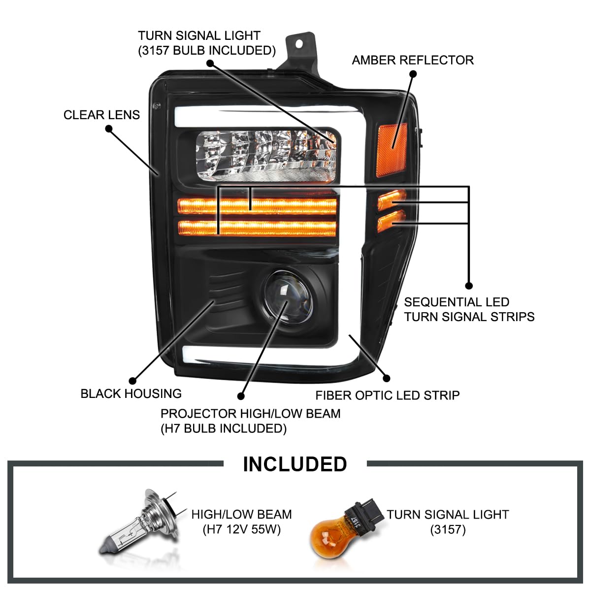 Spec-D Tuning Black Projector Headlights with Sequential LED Turn Signal Light Strips Compatible with 2008-2010 Ford F-250, F-35