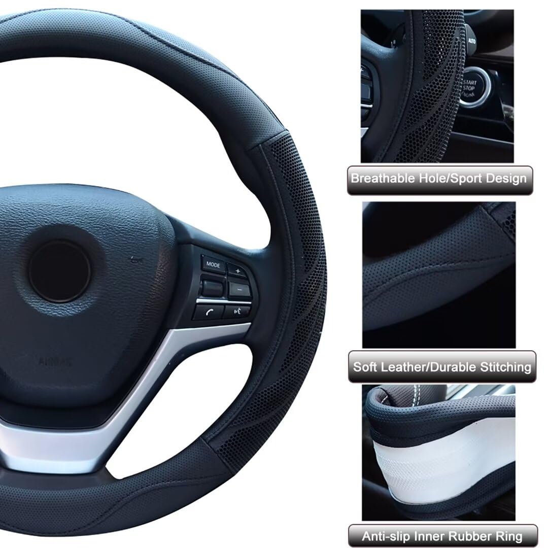 Alusbell Breathable Auto Car Steering Wheel Cover For Men And Women Microfiber Leather 15 Inches Black