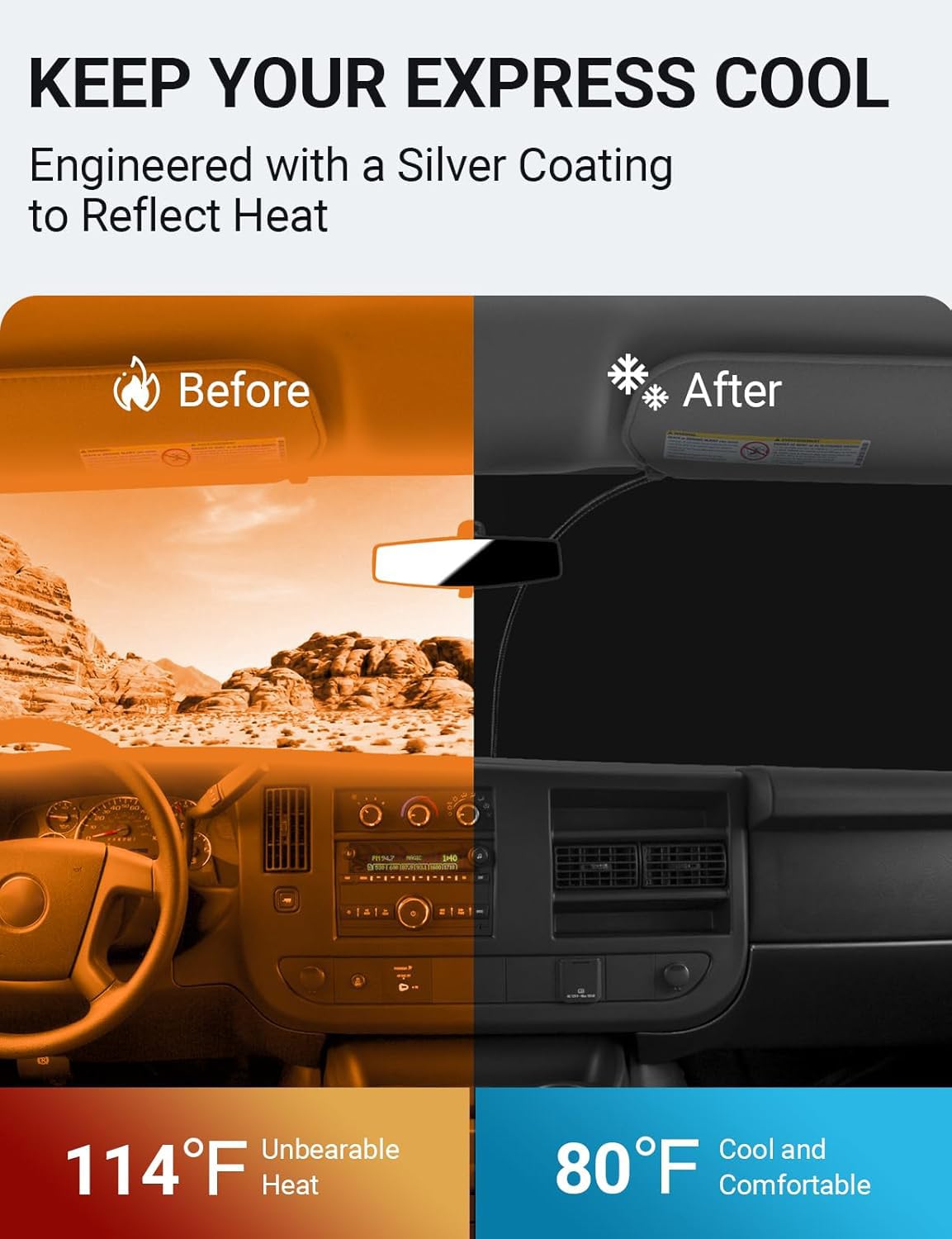 Proadsy 2025 Upgrade Windshield Sun Shade Custom Fit 1996-2025 Chevrolet Express Cargo Van, 1500, 3500, 4500 4-Layer Foldable Fr