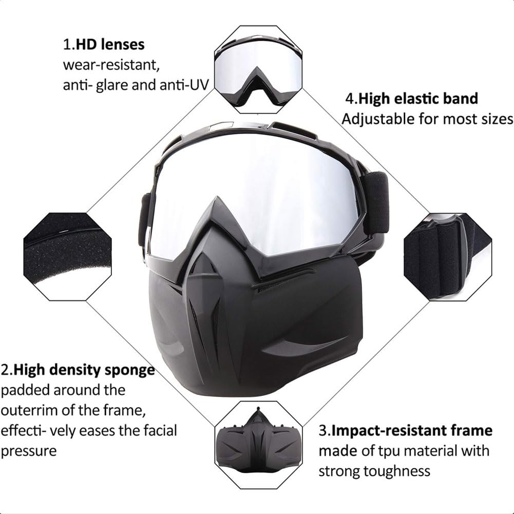 SPOSUNE Motorcycle Goggles Paintball Mask, Detachable Face Mask ATV, Dirt Bike, Motocross Safety Goggles for Men Women