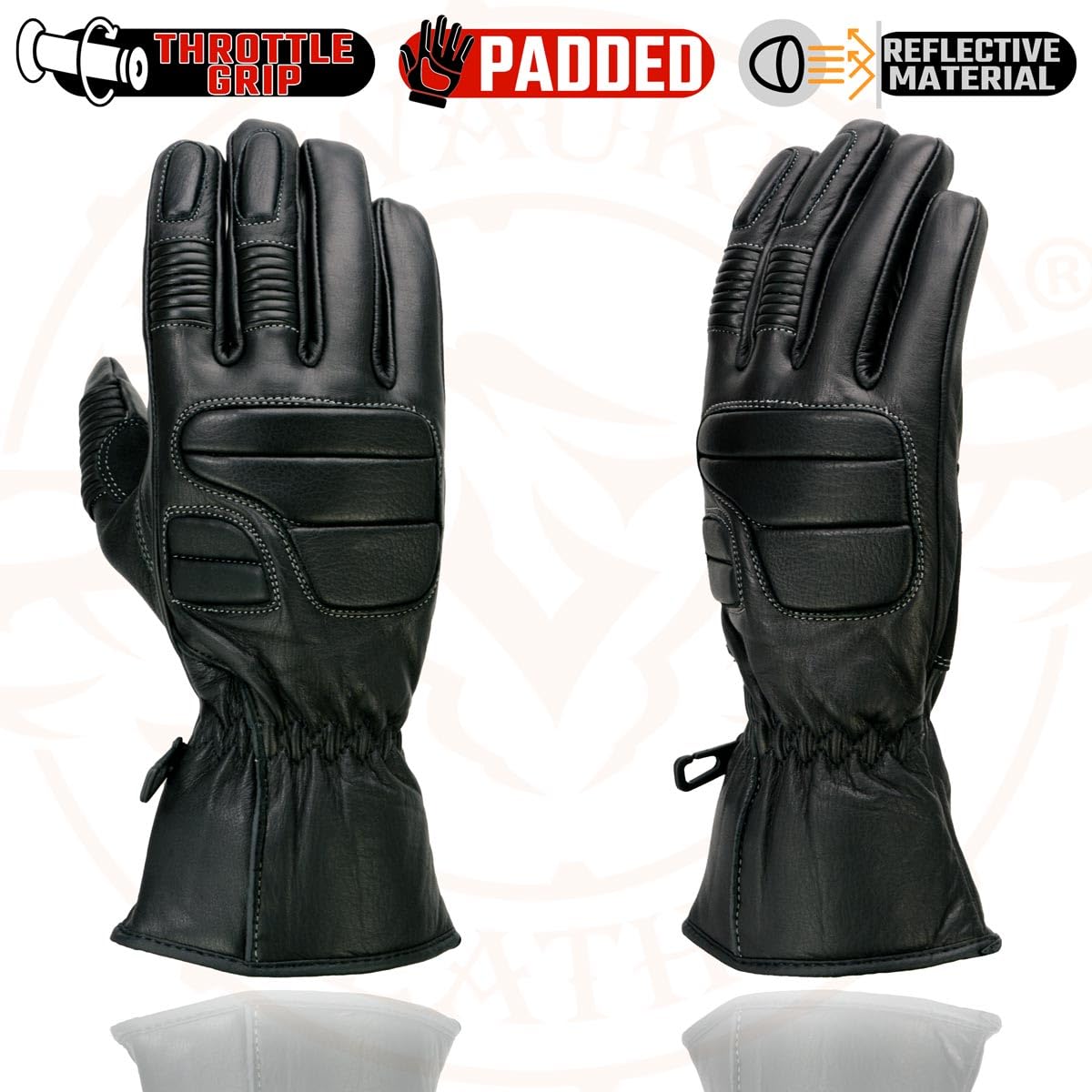 Milwaukee Leather SH607 Men's Black Leather Gauntlet Padded Back Racing Motorcycle Hand Gloves W/Reflective Piping. - Large