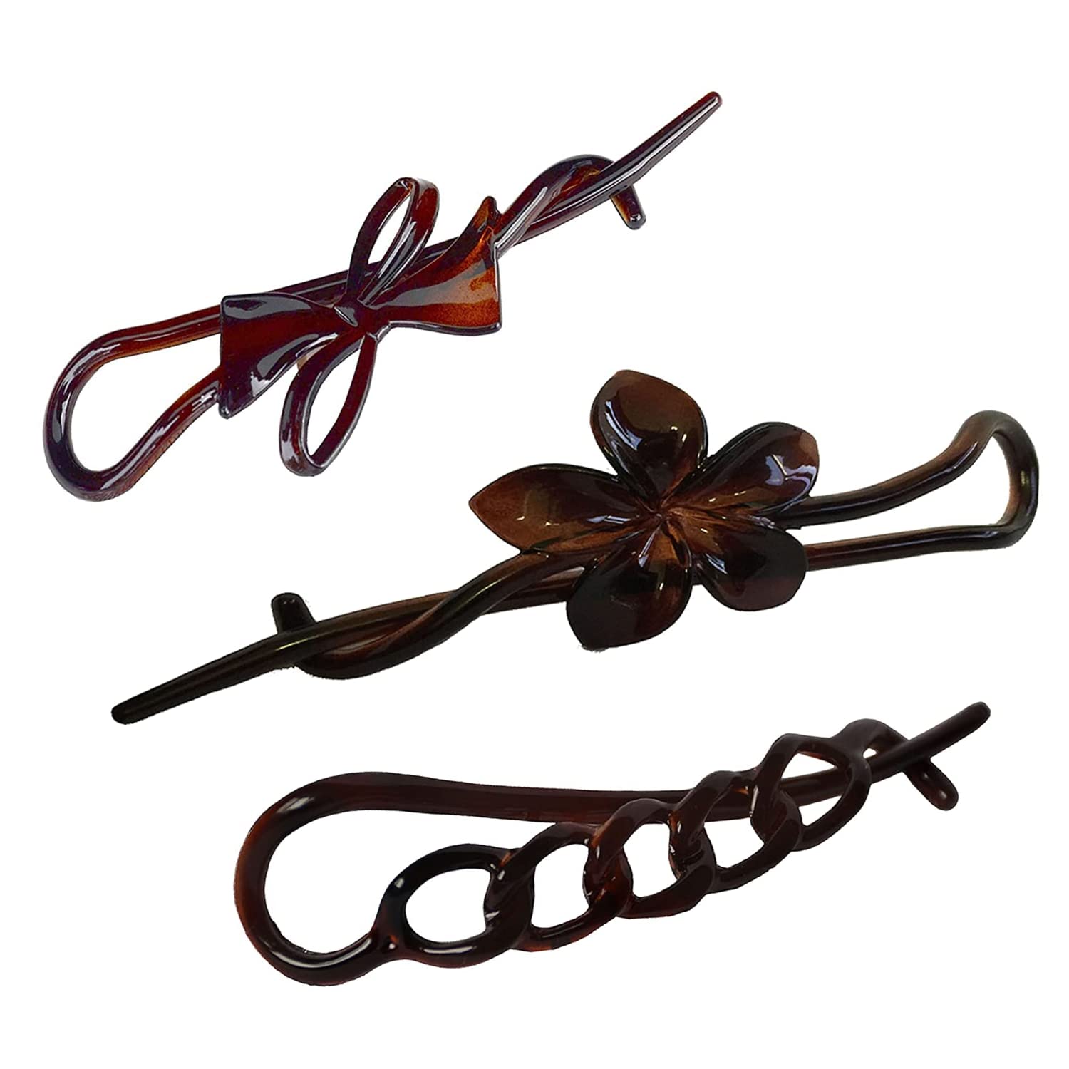 Parcelona French Twist n Clip Flower  Bow and Chain 4 Celluloid Metal Free Hair Barrette Clips Women Hair Accessories  Made in France (Tortoise Shell Brown)-New