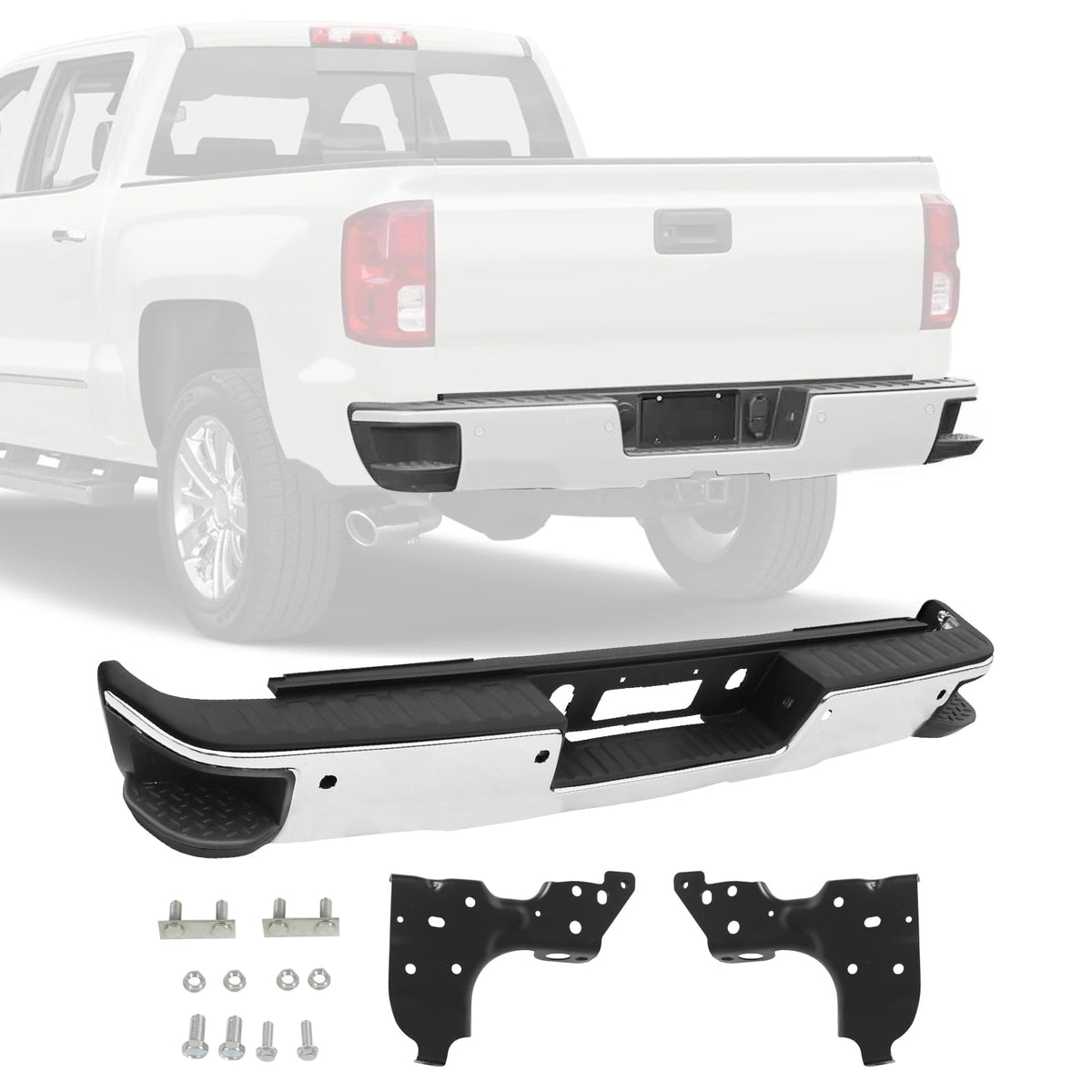 DICMIC Rear Step Bumper Assembly w/Parking Aid Sensor Hole Compatible with 2014-2018 Chevrolet Silverado 1500 GMC Sierra 1500 Re