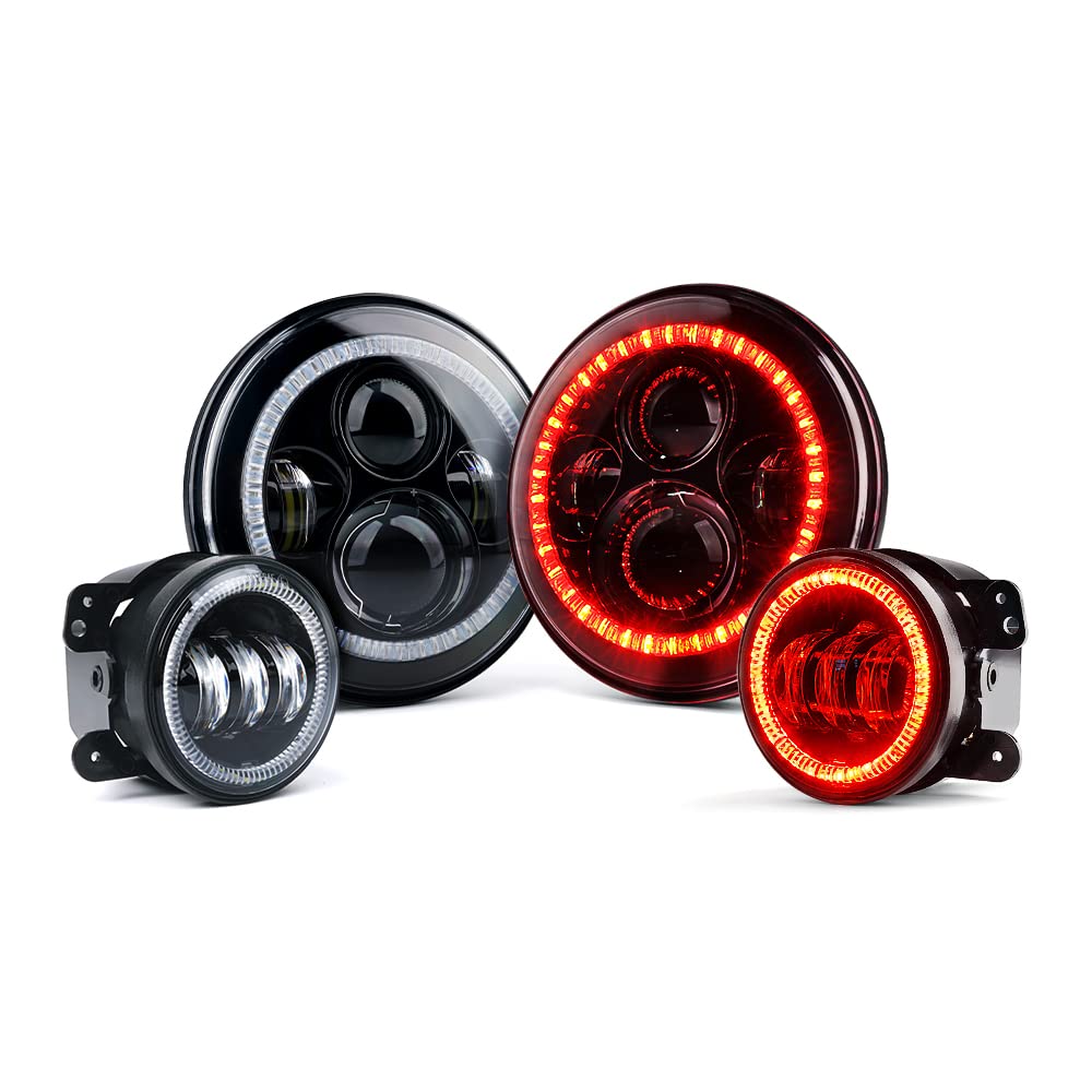 Xprite 7'' 90W Led Headlights & 4 Inch 60W Fog Lights Combo W/Red Halo Compatible With 2007-2018 Jeep Wrangler Jk, Dot Approved