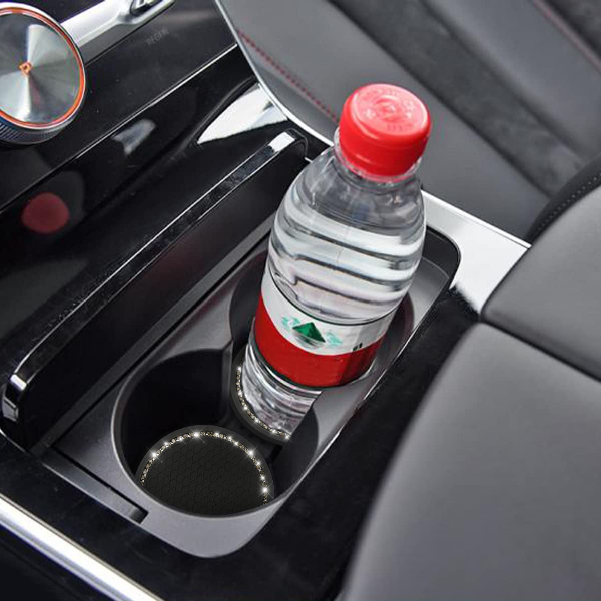 Car Cup Holder Coaster, 2 Pcs Universal Bling Crystal Rhinestone Car Accessories 2.75 Inch Auto Anti Slip Cup Holder Insert Mat Pad Set,Suitable For Most Car Interior (Black/Gray)