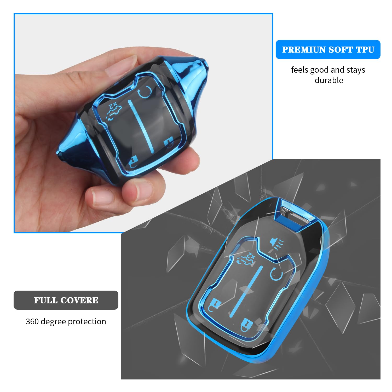 QBUC for GMC Key Fob Cover with Keychain,5 Button Soft TPU GMC Key Fob Cover,Fit for GMC Acadia Sierra Terrain and Chevy (blue,