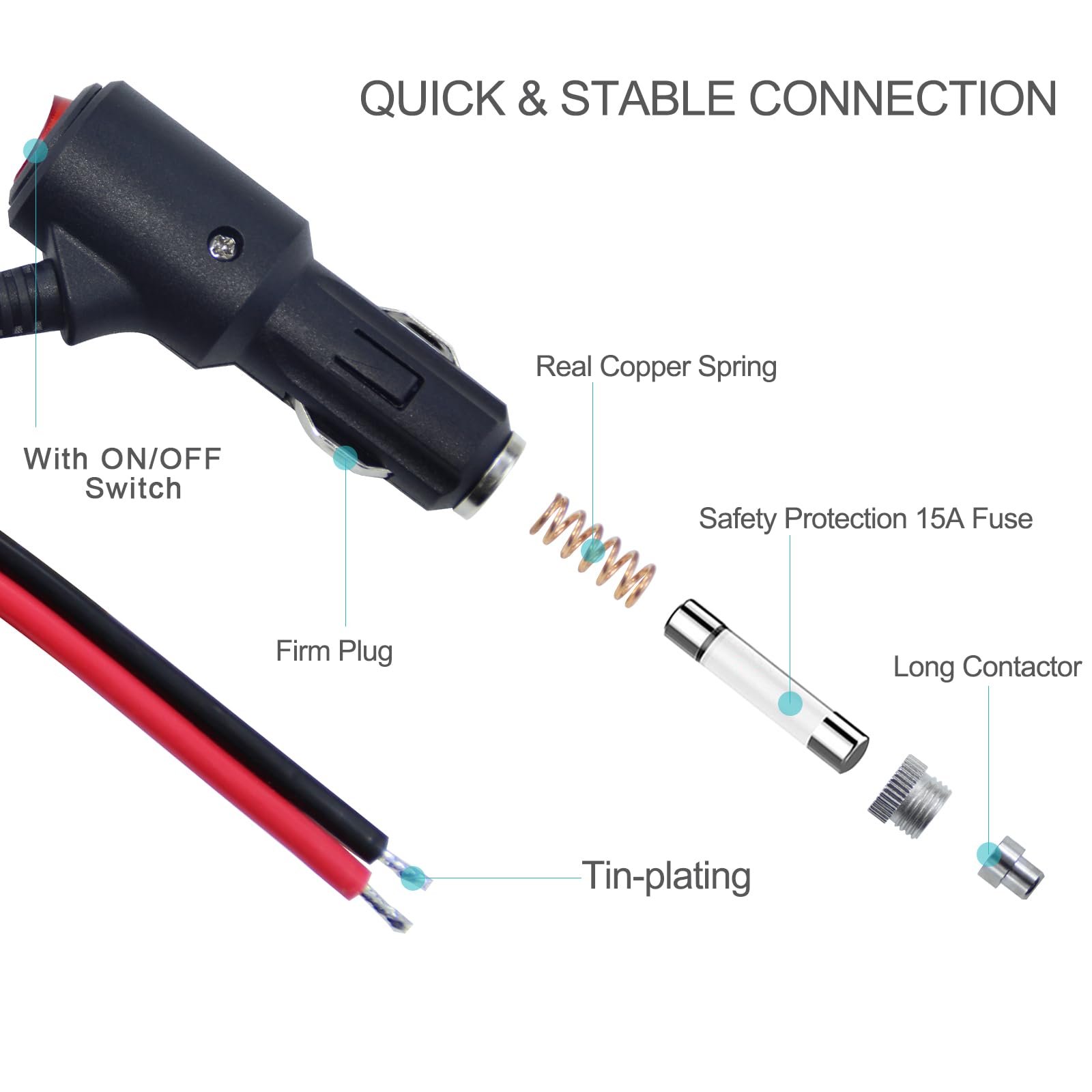 [2PACK] 12V Fused Replacement Cigarette Lighter Male Plug With On/Off Switch - 1FT 12Volt 15amp With Leads and LED Lights, 16AWG
