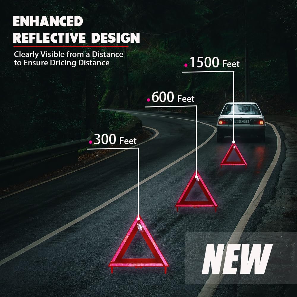 YuBoQi(3PK) Reflective Warning Road Safety Triangle Kit ROAD Emergency Triangle Sign DOT Approved for Truck,LED Road Flares 49 C