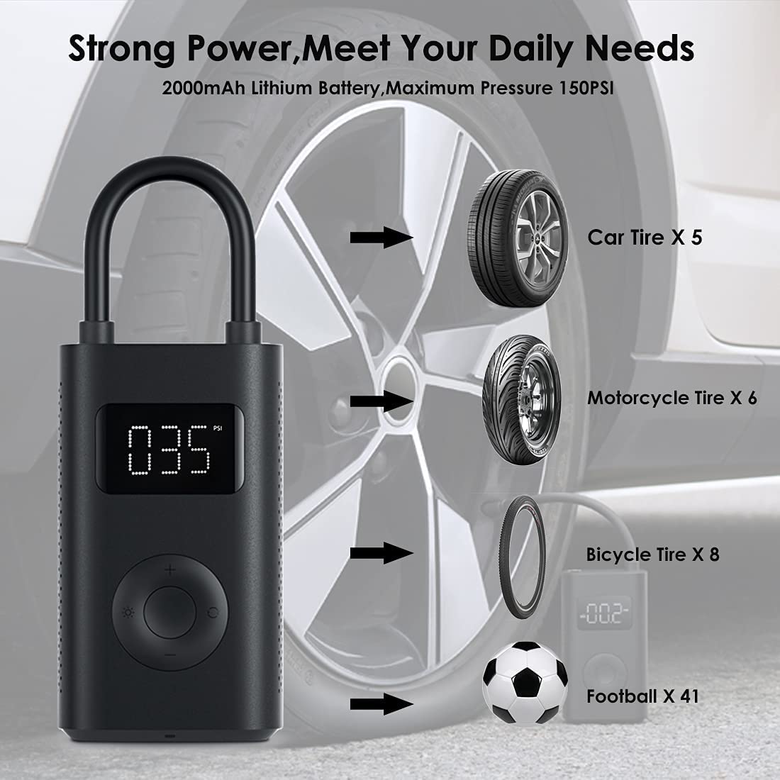 Xiaomi Air Inflator Tire Pressure Tester Pump Electric Car Air Compressor Hand Held Tire Pump Led Light Lcd Display 2000Mah Lithium Battery150Psi For Car Bicycle Tires Ball And Other Inflatables