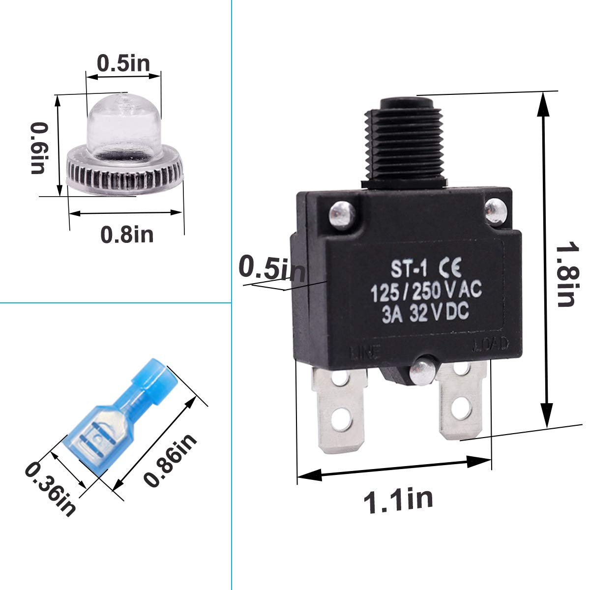 Mxuteuk 5Pcs 3Amp Circuit Breakers Push Button Manual Reset 125/250V Ac 32V Dc,Overload Protector Switch Thermal Circuit Breakers With Quick Connect Terminals And Waterproof Button Caps St1-5-3A