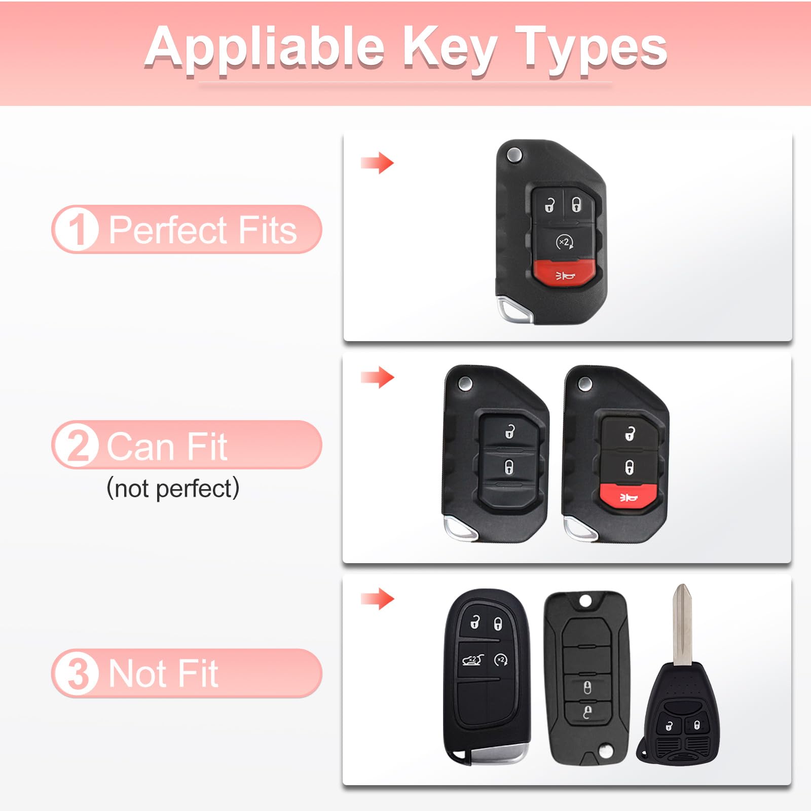 Pangpai Pink Car Accessories 3 Pcs For 2018-2022 Jeep Gladiator Wrangler Sahara Rubicon Key Fob Cover With Bling Keychain Cute P