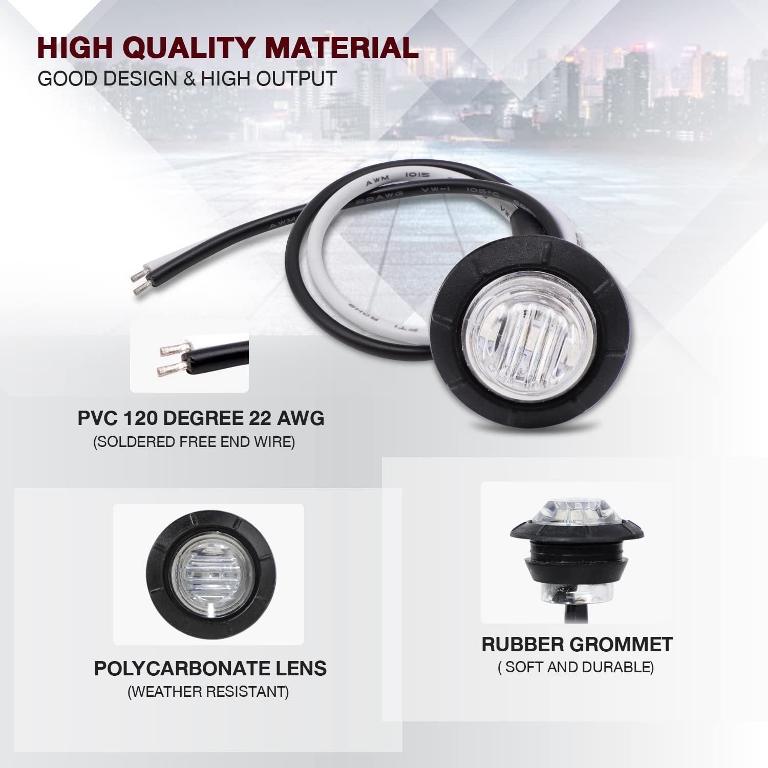 Tmh 10 Pcs 3/4 Inch Clear Lens Red Led 3 Diodes Round Clearance Side Marker Indicator Lights With Rubber For Pickup Truck Traile