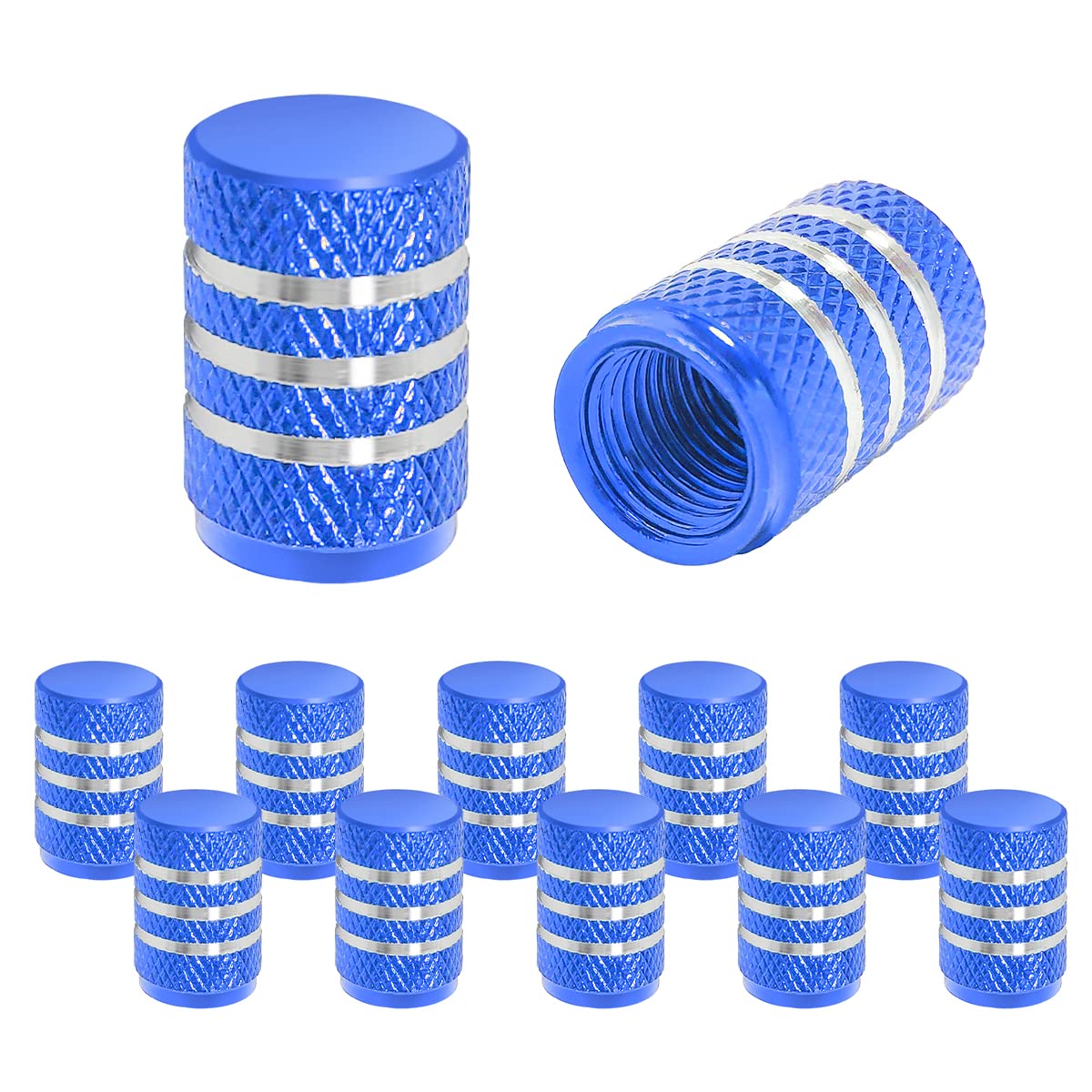 Tire Valve Stem Caps, 12 Pcs Dustproof Corrosion-Proof Premium Metal Rubber Seal Tire Valve Caps, Universal Fit For Cars, Suvs, Bike And Bicycle, Trucks, Motorcycles (Blue/Silver)