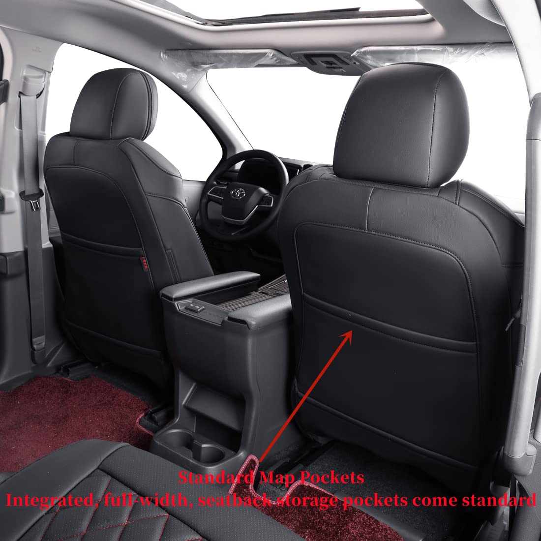 coverdream Custom Leatherette Seat Covers for 2021-2024 Toyota Sienna LE & XLE 8-Seater, Full Set Black/Red, 2nd Row Bench with Removable Seat